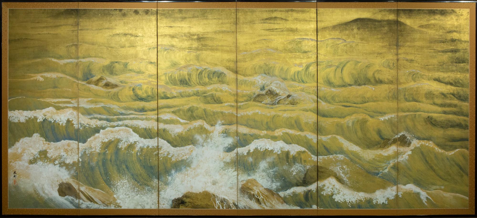 Rocks and waves in a coastal landscape. Taisho (1912-1926) period painting.
Mineral pigments on silk.  Artist’s signature and seal reads: Tomokazu.
Six panels measure 67 1/2 inches high x 149 inches wide.