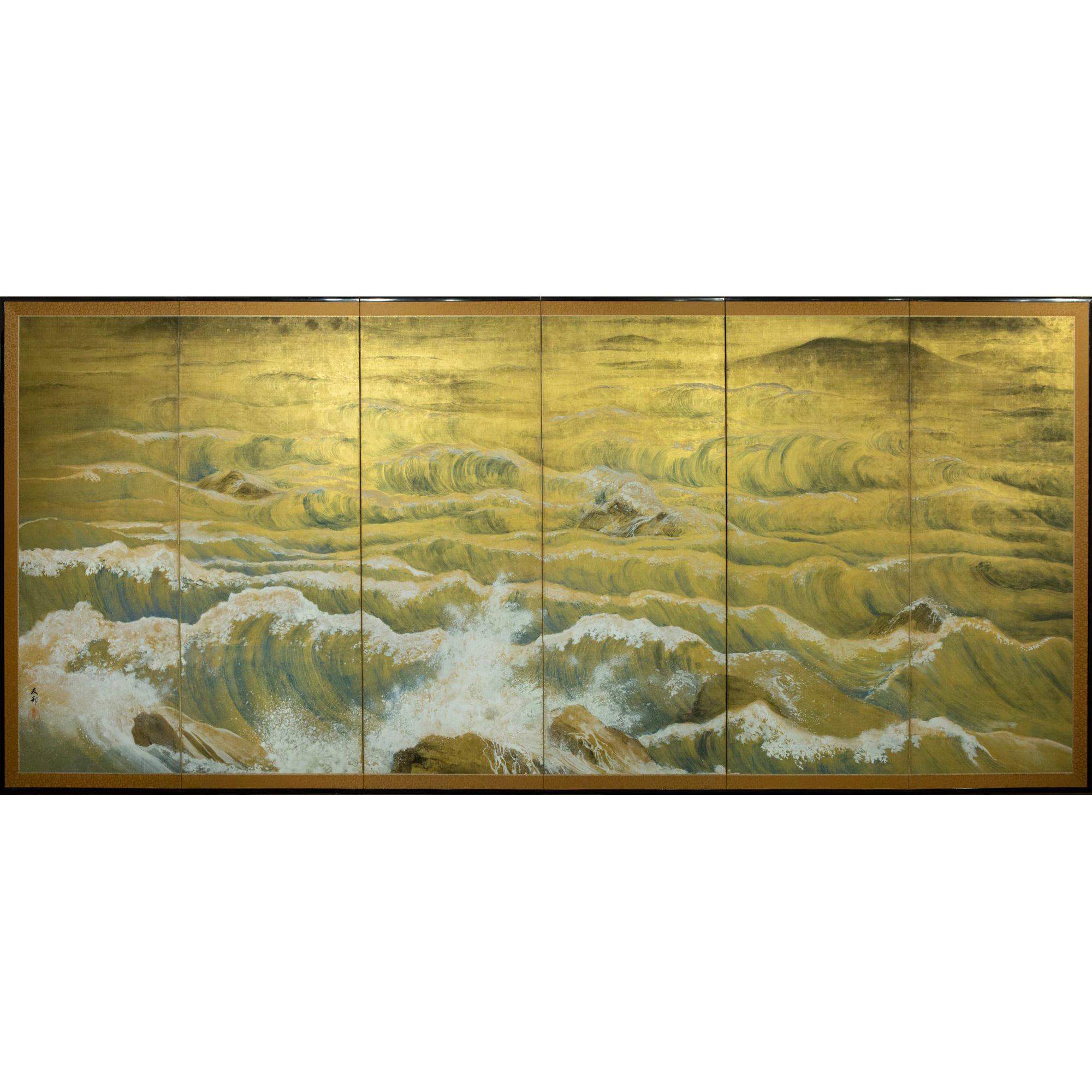 Japanese Six Panel Screen: Rocks and Waves in a Coastal Landscape For Sale