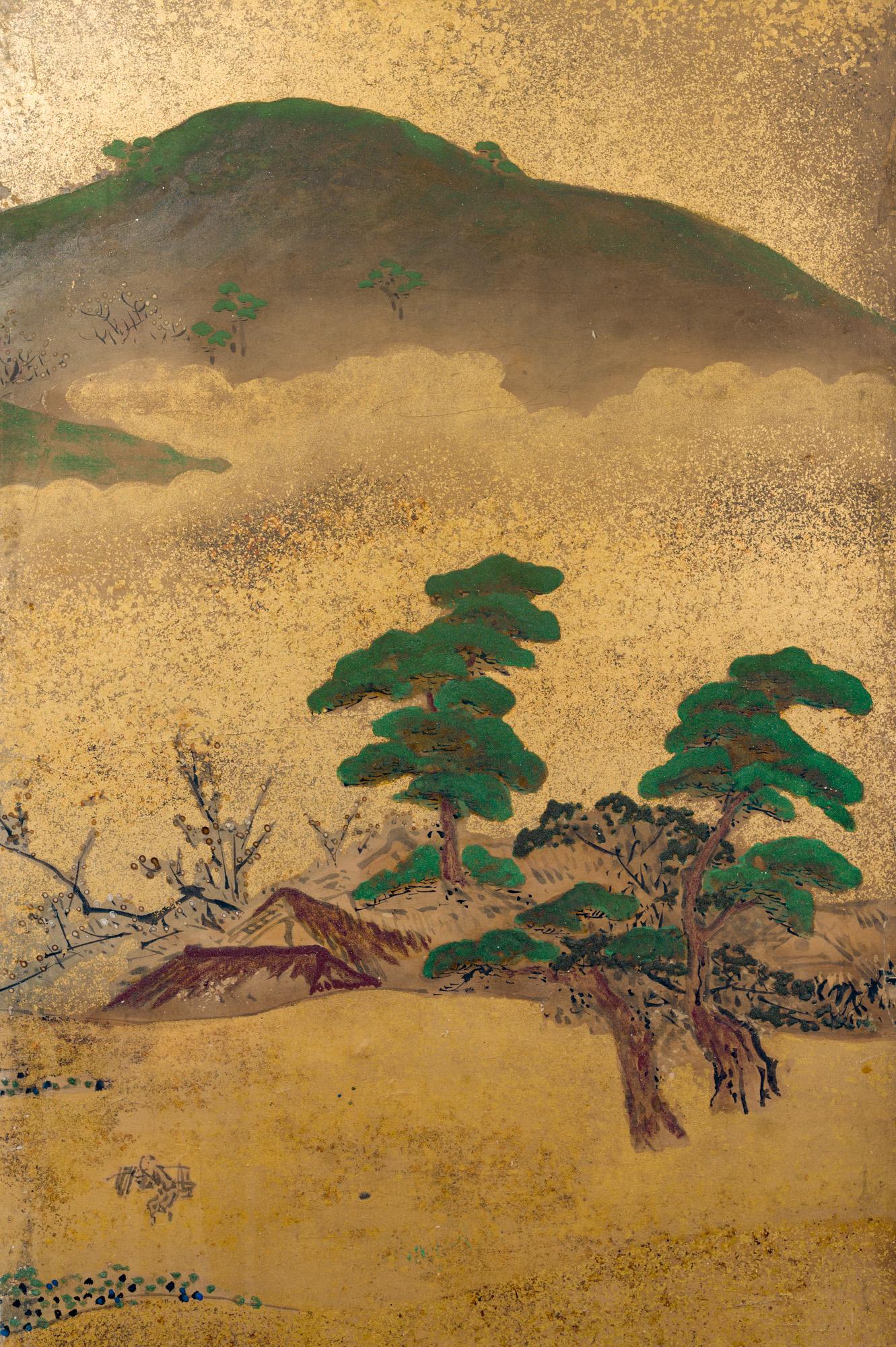 19th Century Japanese Six Panel Screen: Rolling Country Landscape For Sale