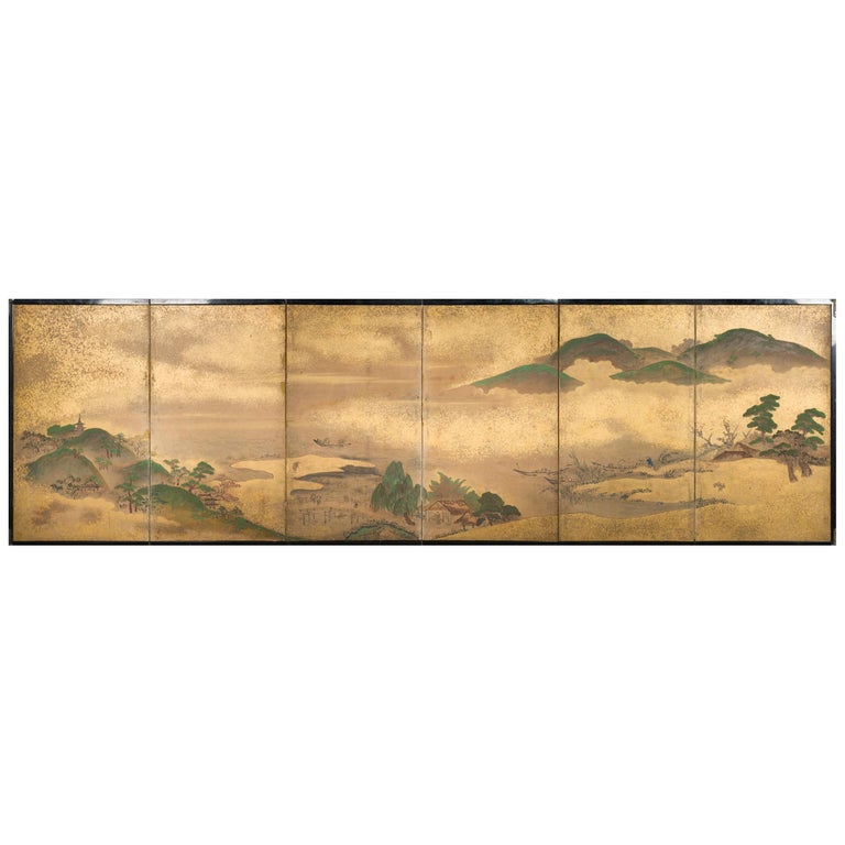 Japanese Six Panel Screen: Rolling Country Landscape For Sale
