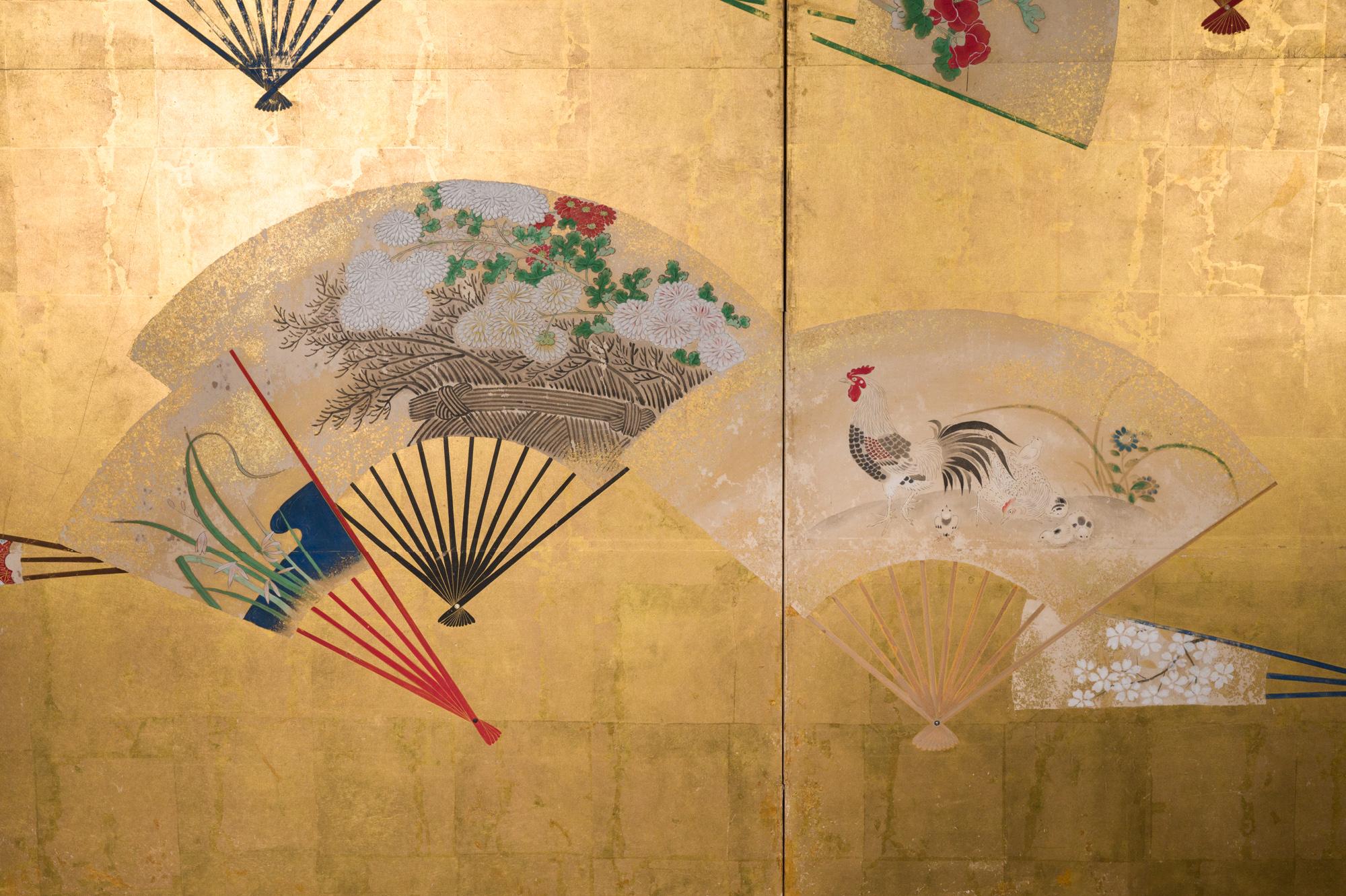 Japanese Six Panel Screen Scattered Fans For Sale 5