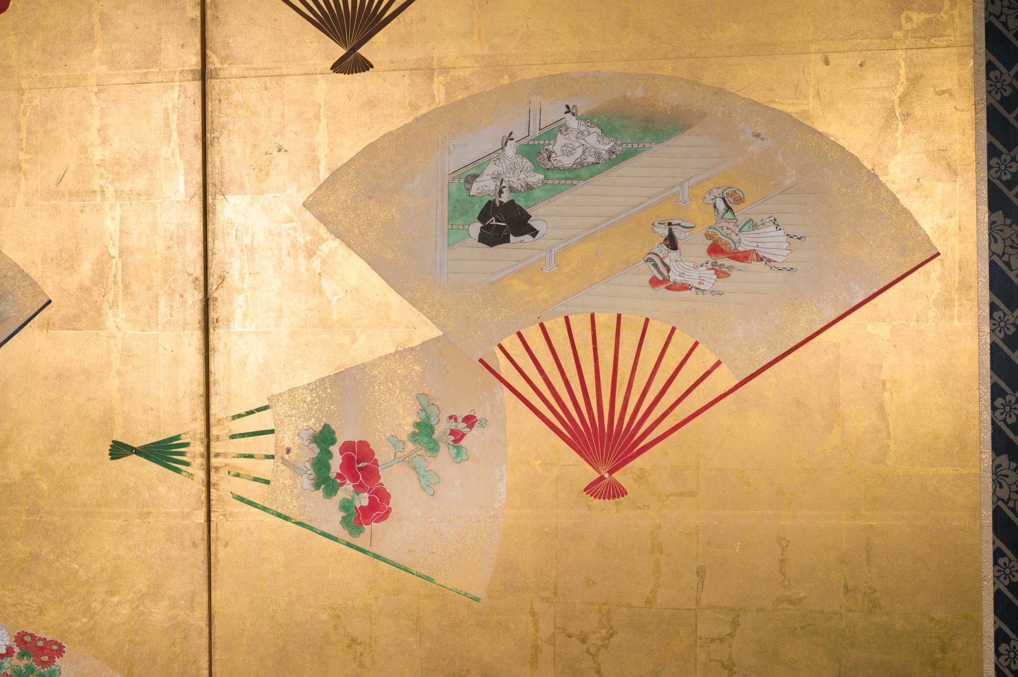 Japanese Six Panel Screen Scattered Fans For Sale 9