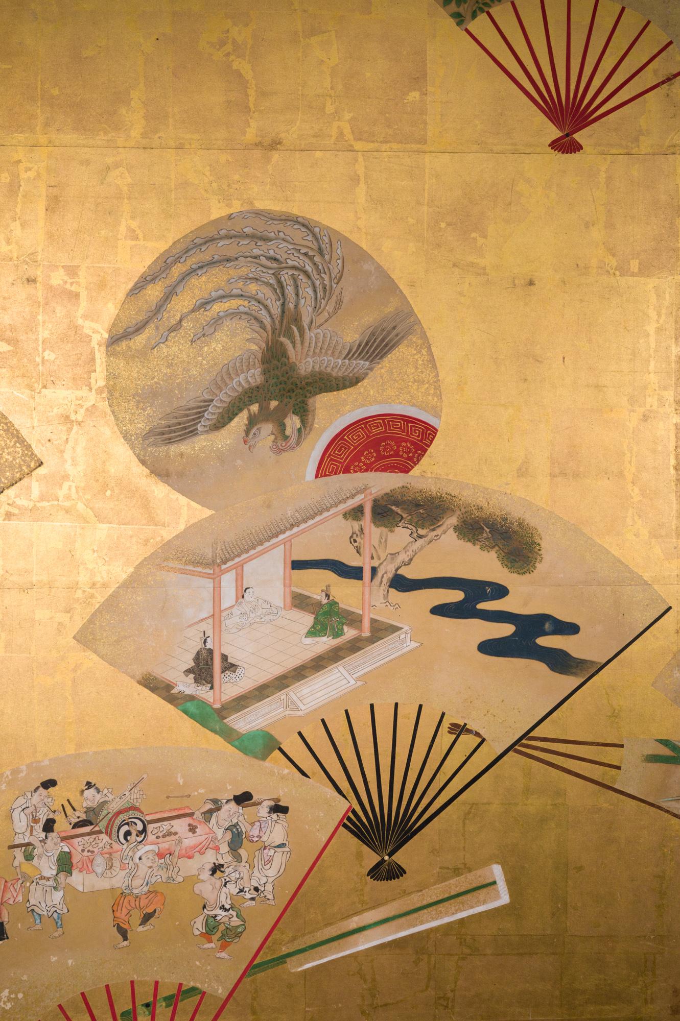 Striking painting depicting scattered fans painted on gold leaf. Featuring various scenes from classic Japanese literature, flowers and birds. Mineral pigments on gold leaf.