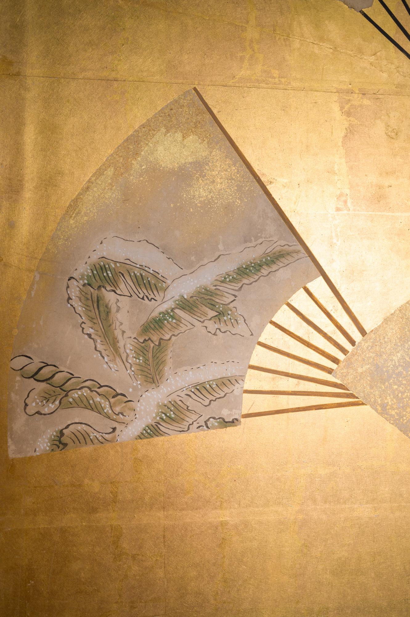 Gold Leaf Japanese Six Panel Screen Scattered Fans For Sale