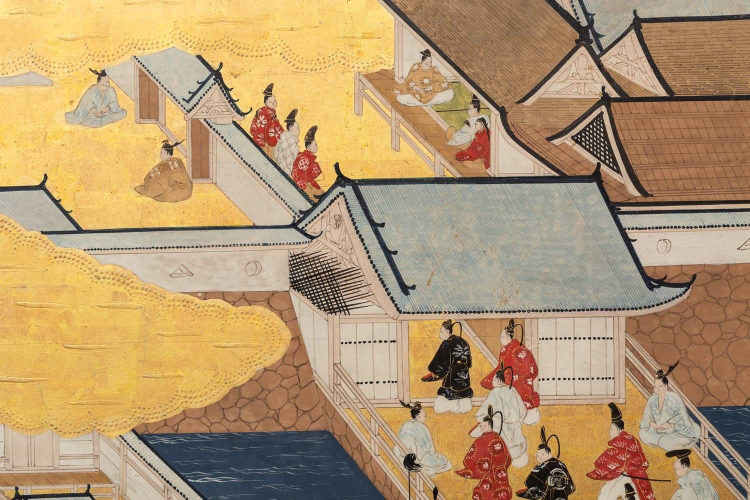 18th Century and Earlier Japanese Six Panel Screen: Scenes from Kyoto
