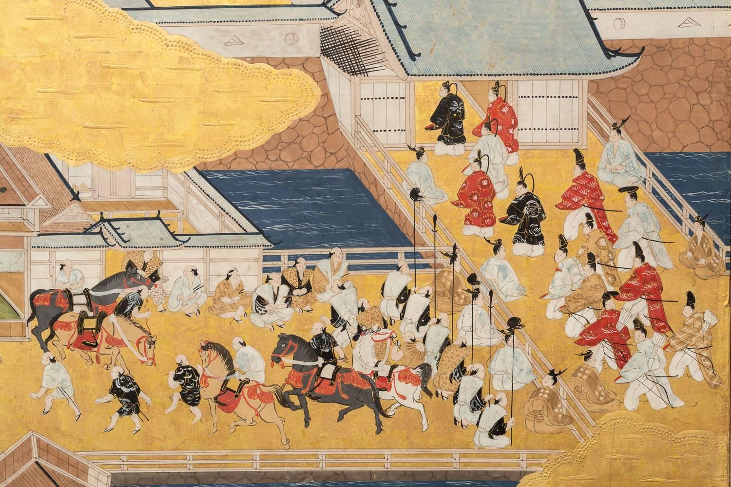Gold Leaf Japanese Six Panel Screen: Scenes from Kyoto