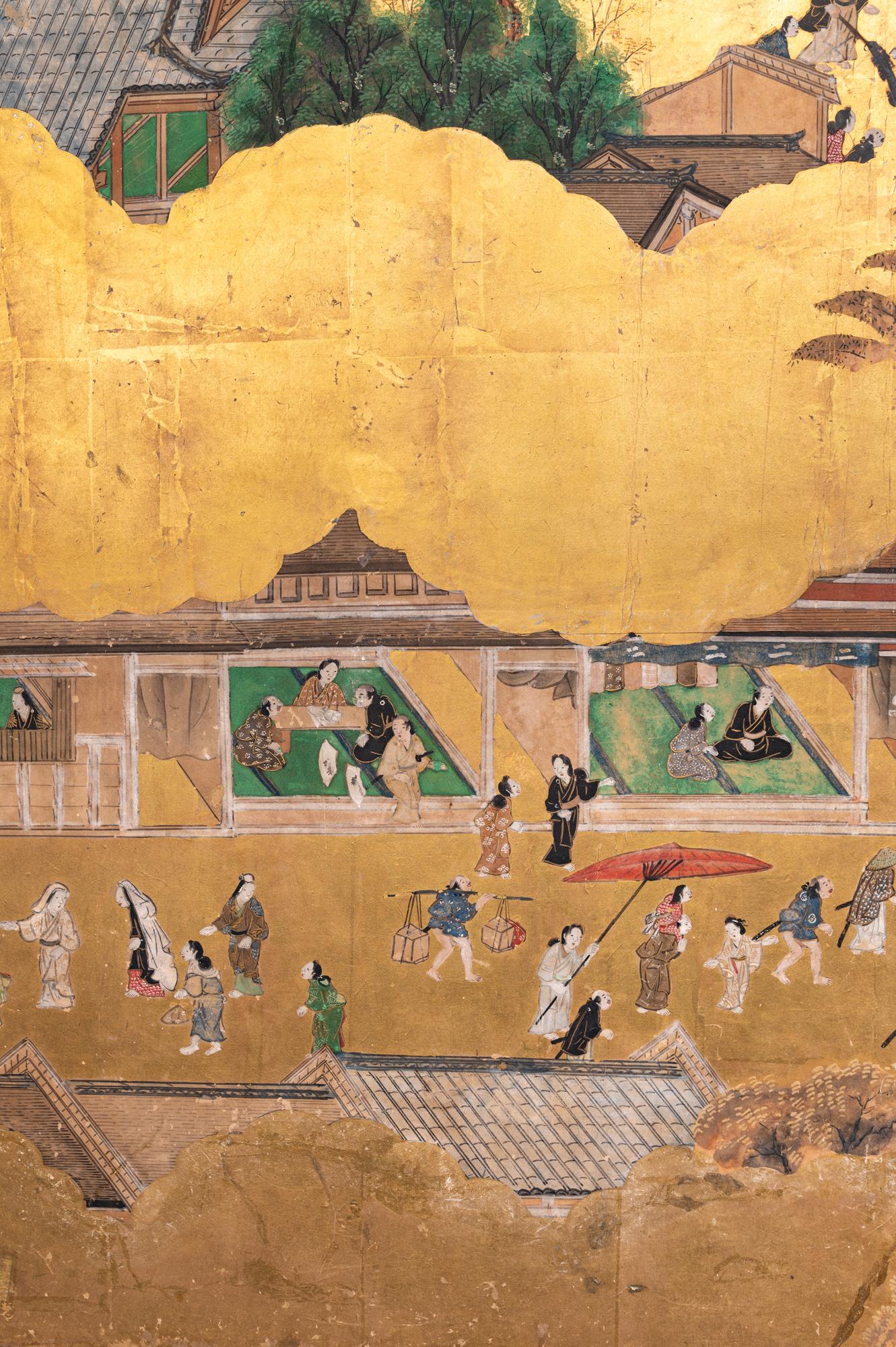 Paravent japonais à six panneaux : Scènes de Kyoto et d'entourage, 'Rakuchu Rakugai-Zu' en vente 6