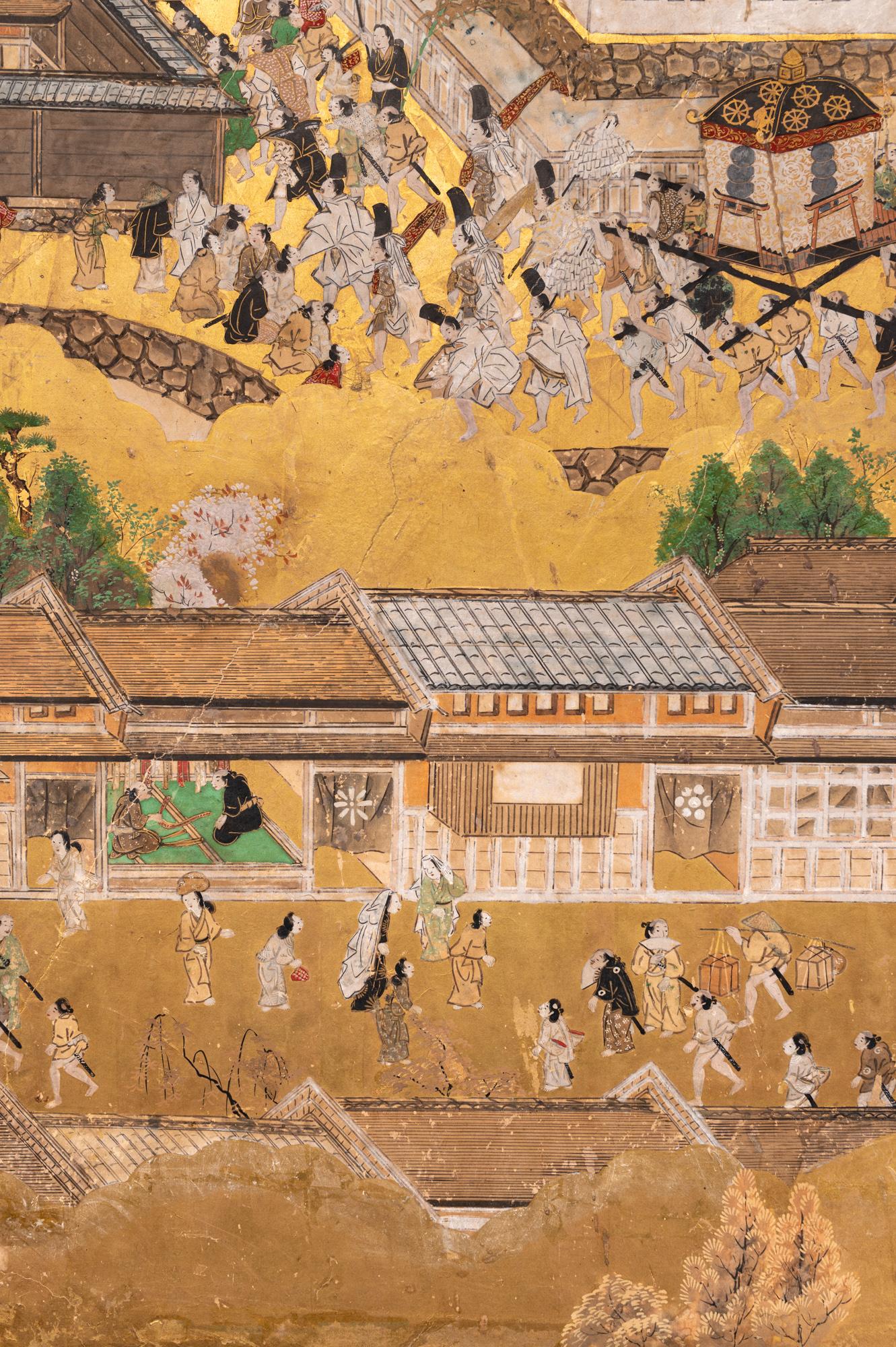 Japanese Six Panel Screen: Scenes in and Around Kyoto, 'Rakuchu Rakugai-Zu' For Sale 7