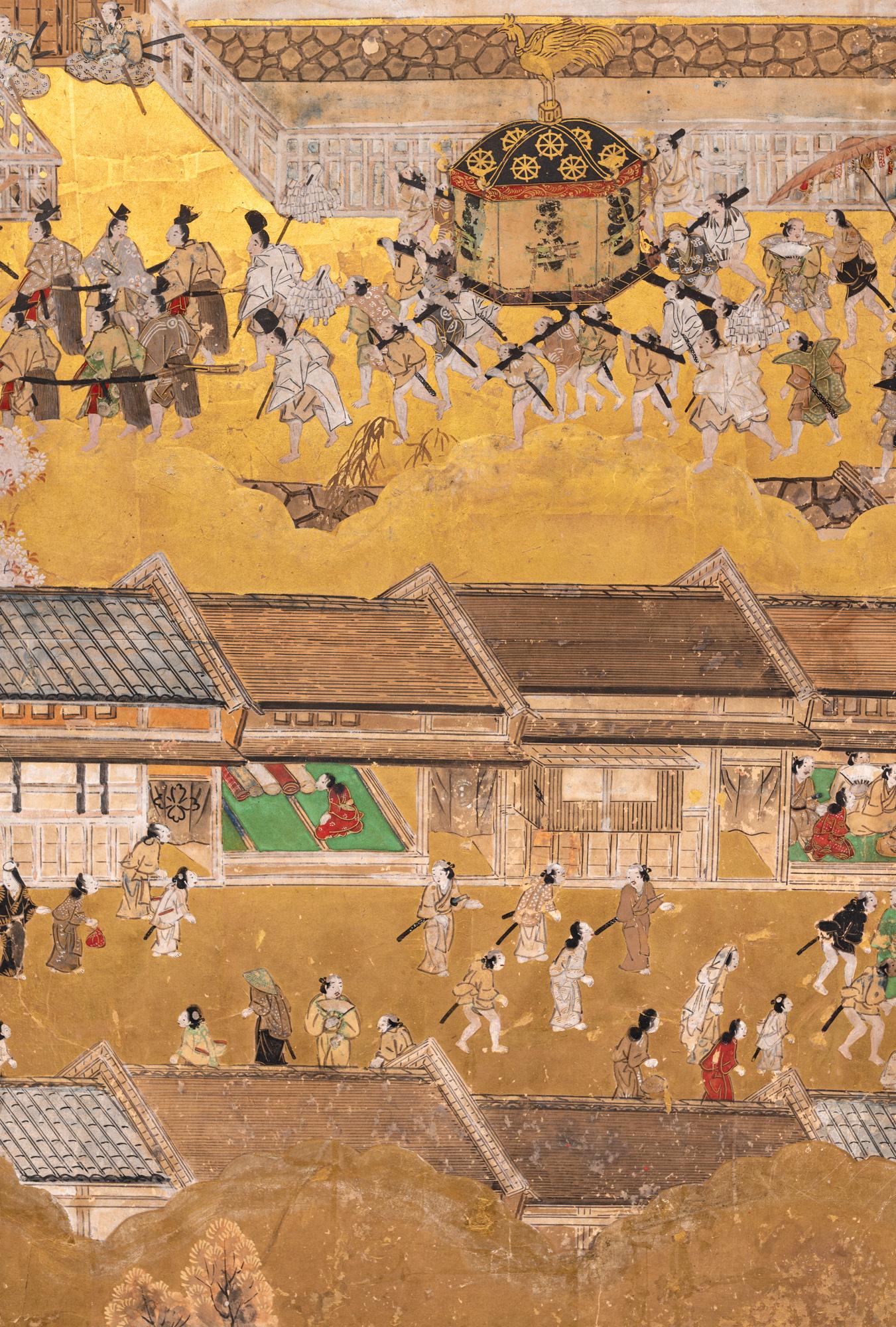 Paravent japonais à six panneaux : Scènes de Kyoto et d'entourage, 'Rakuchu Rakugai-Zu' en vente 9