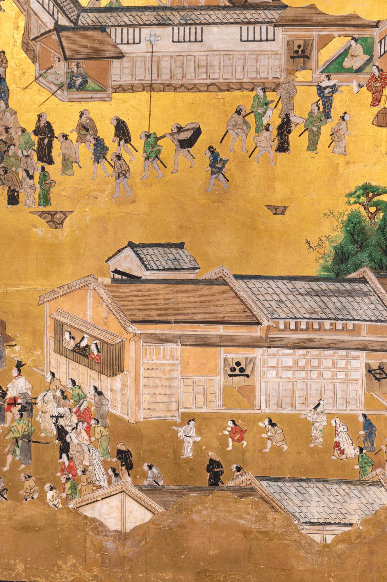 Japanese Six Panel Screen: Scenes in and Around Kyoto, 'Rakuchu Rakugai-Zu' For Sale 9