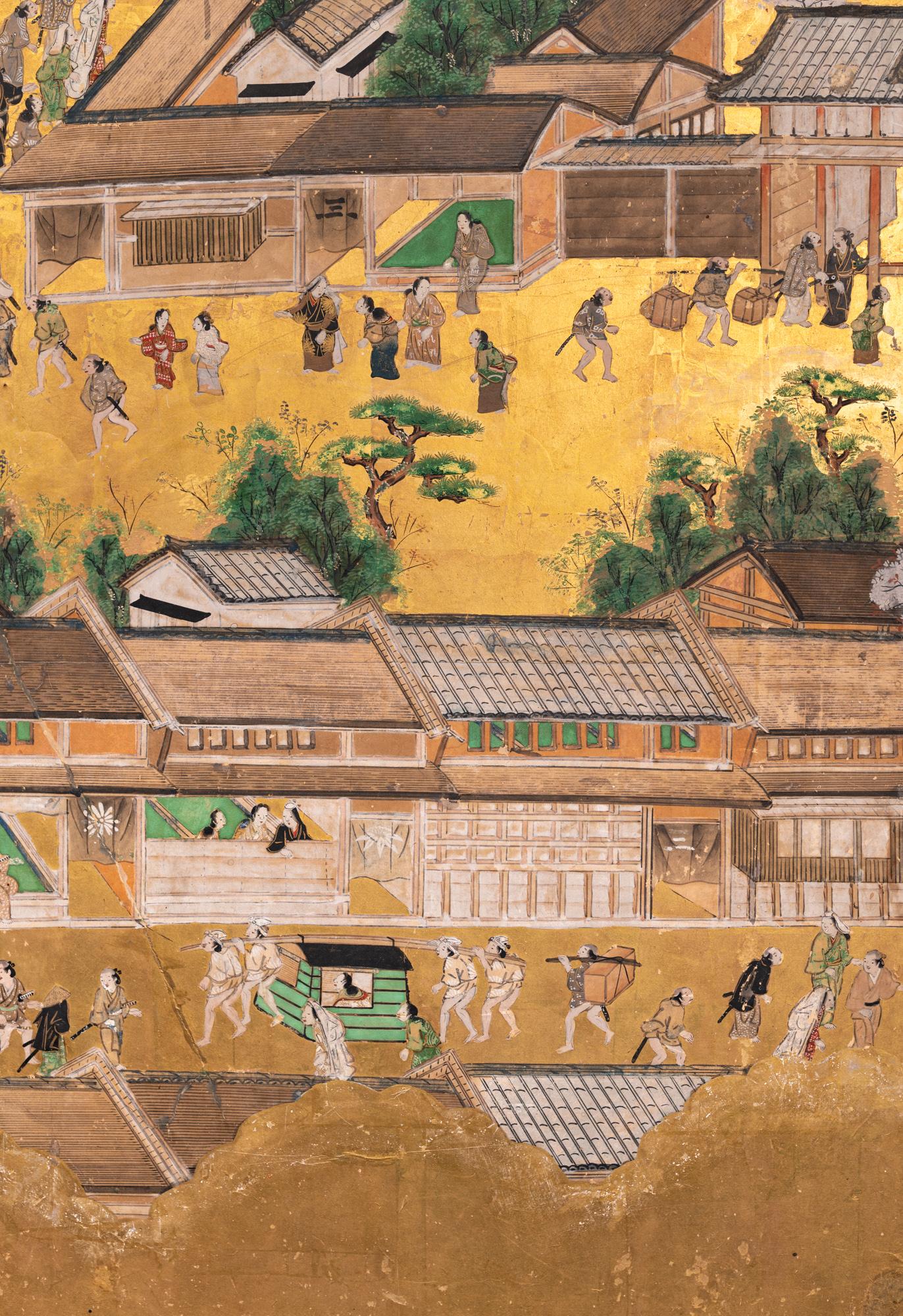 Japanese Six Panel Screen: Scenes in and Around Kyoto, 'Rakuchu Rakugai-Zu' For Sale 10