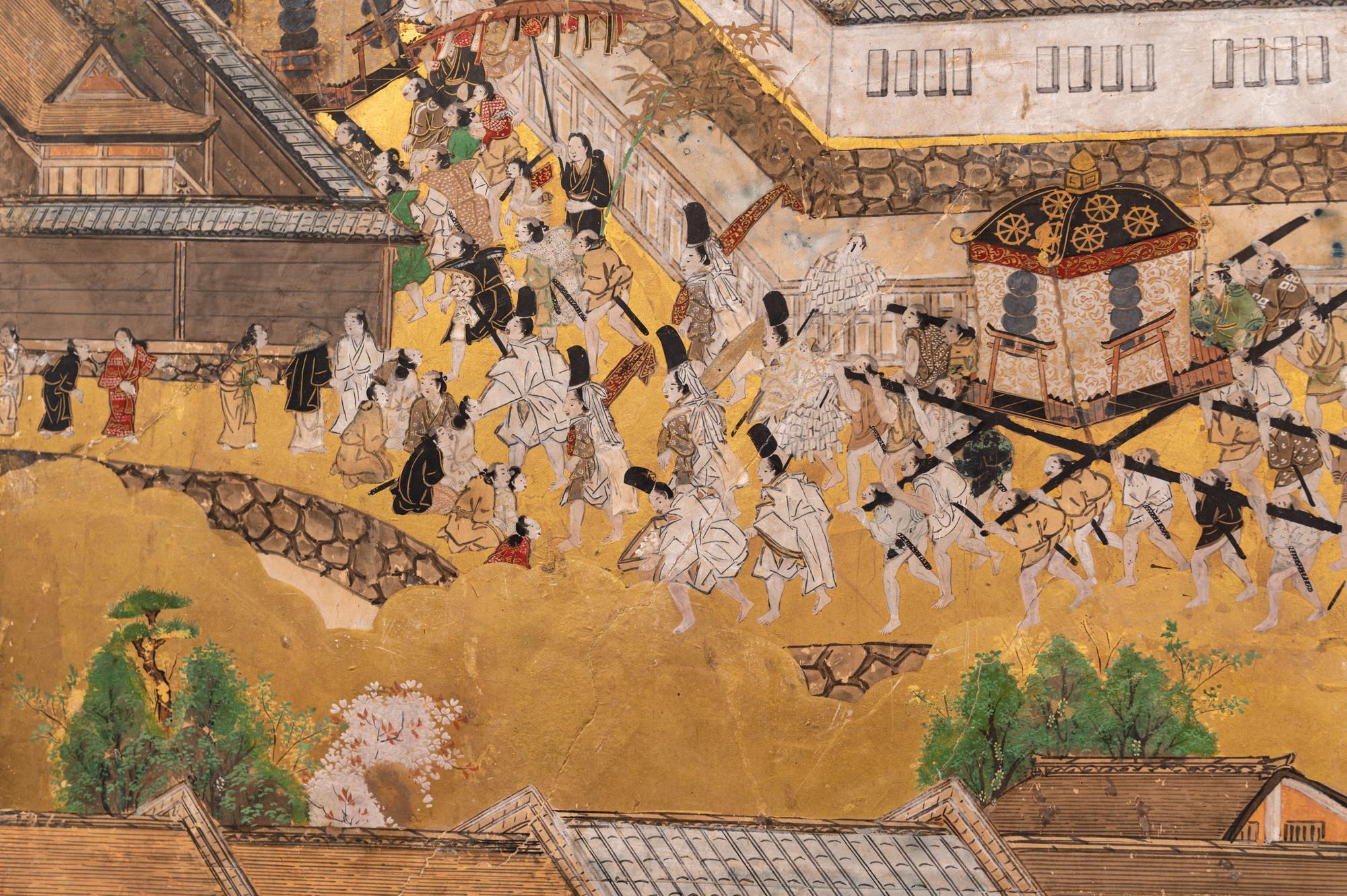 Japonais Paravent japonais à six panneaux : Scènes de Kyoto et d'entourage, 'Rakuchu Rakugai-Zu' en vente
