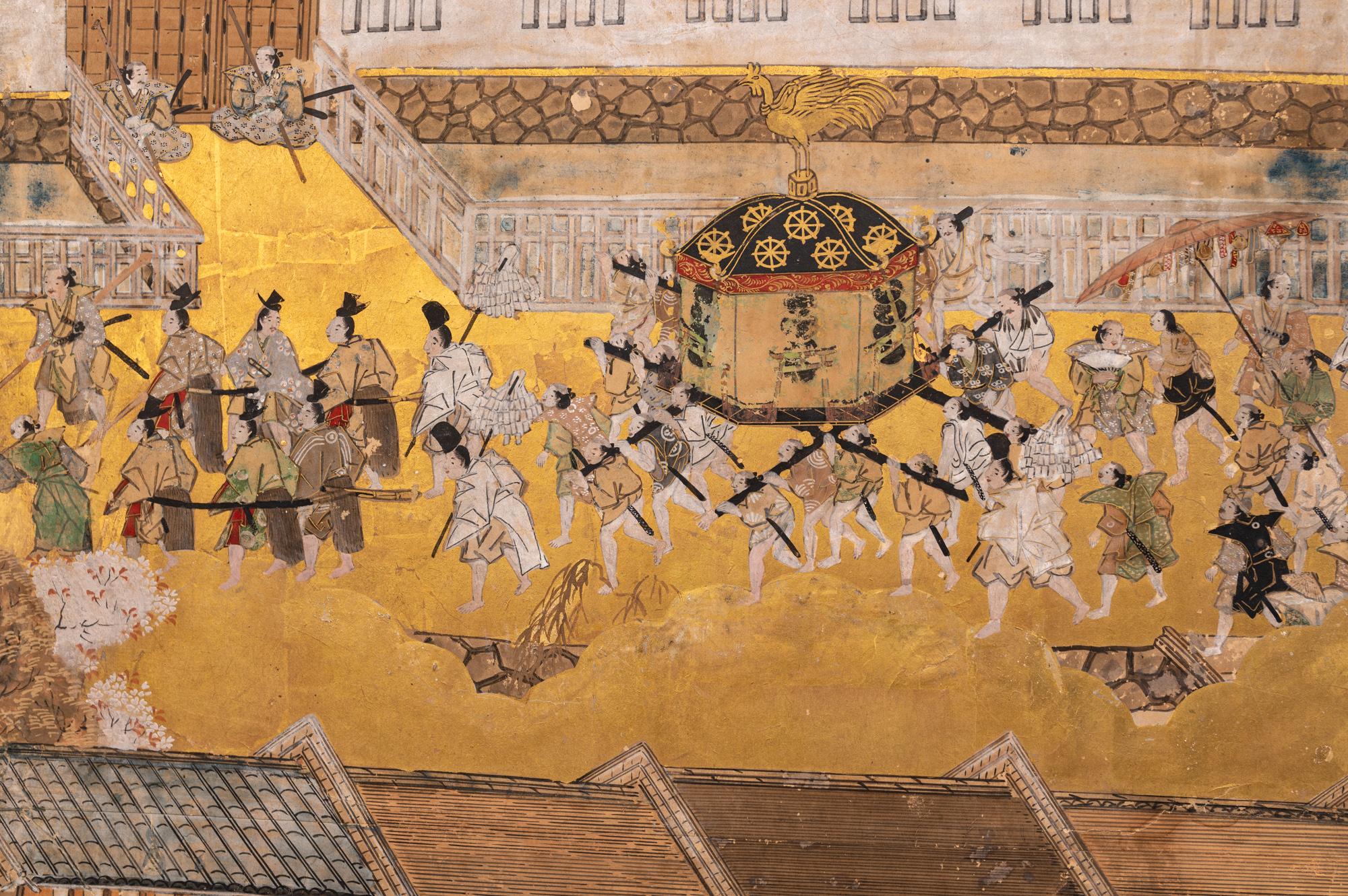 Paravent japonais à six panneaux : Scènes de Kyoto et d'entourage, 'Rakuchu Rakugai-Zu' Bon état - En vente à Hudson, NY