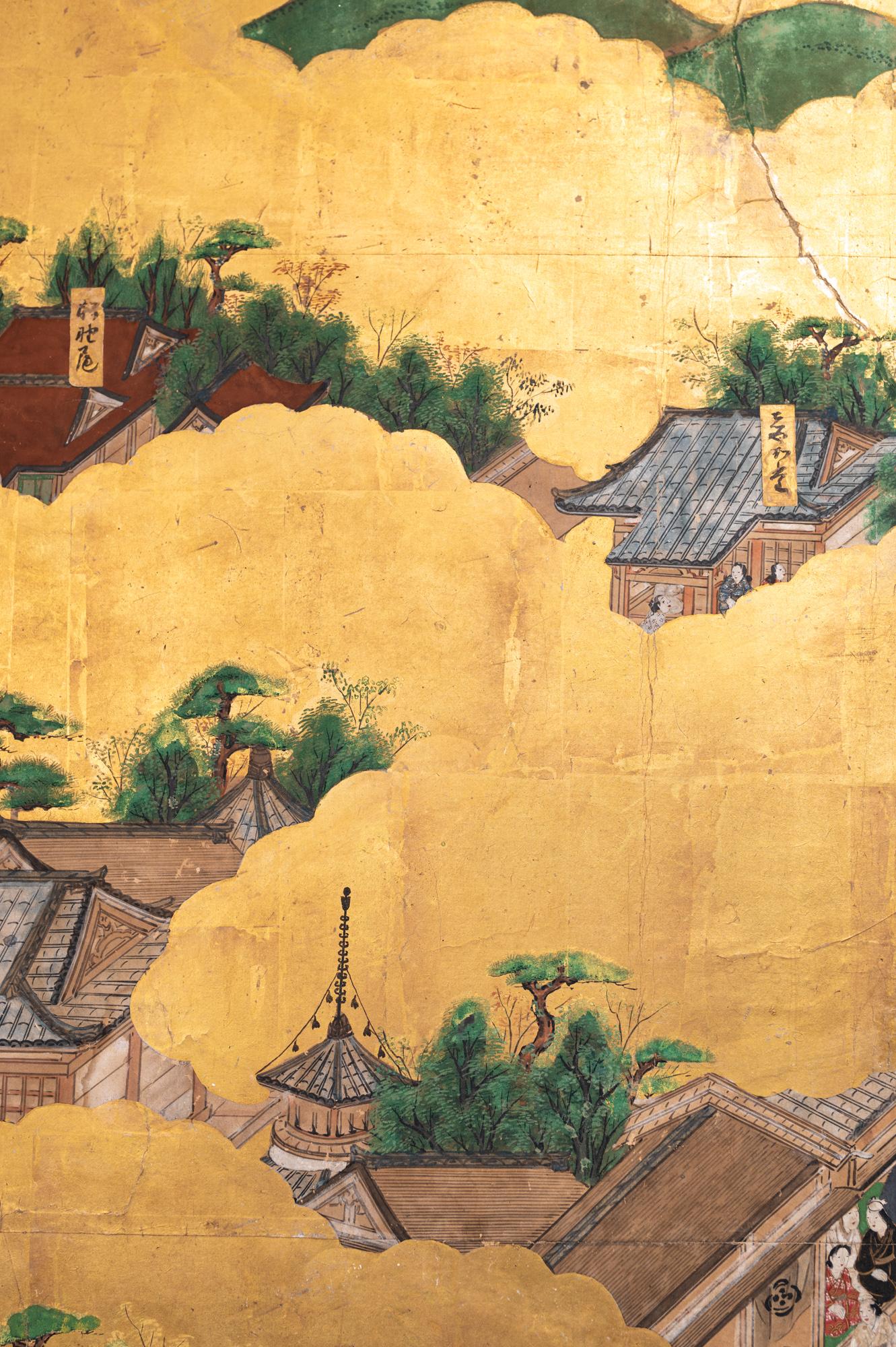 Brocart Paravent japonais à six panneaux : Scènes de Kyoto et d'entourage, 'Rakuchu Rakugai-Zu' en vente