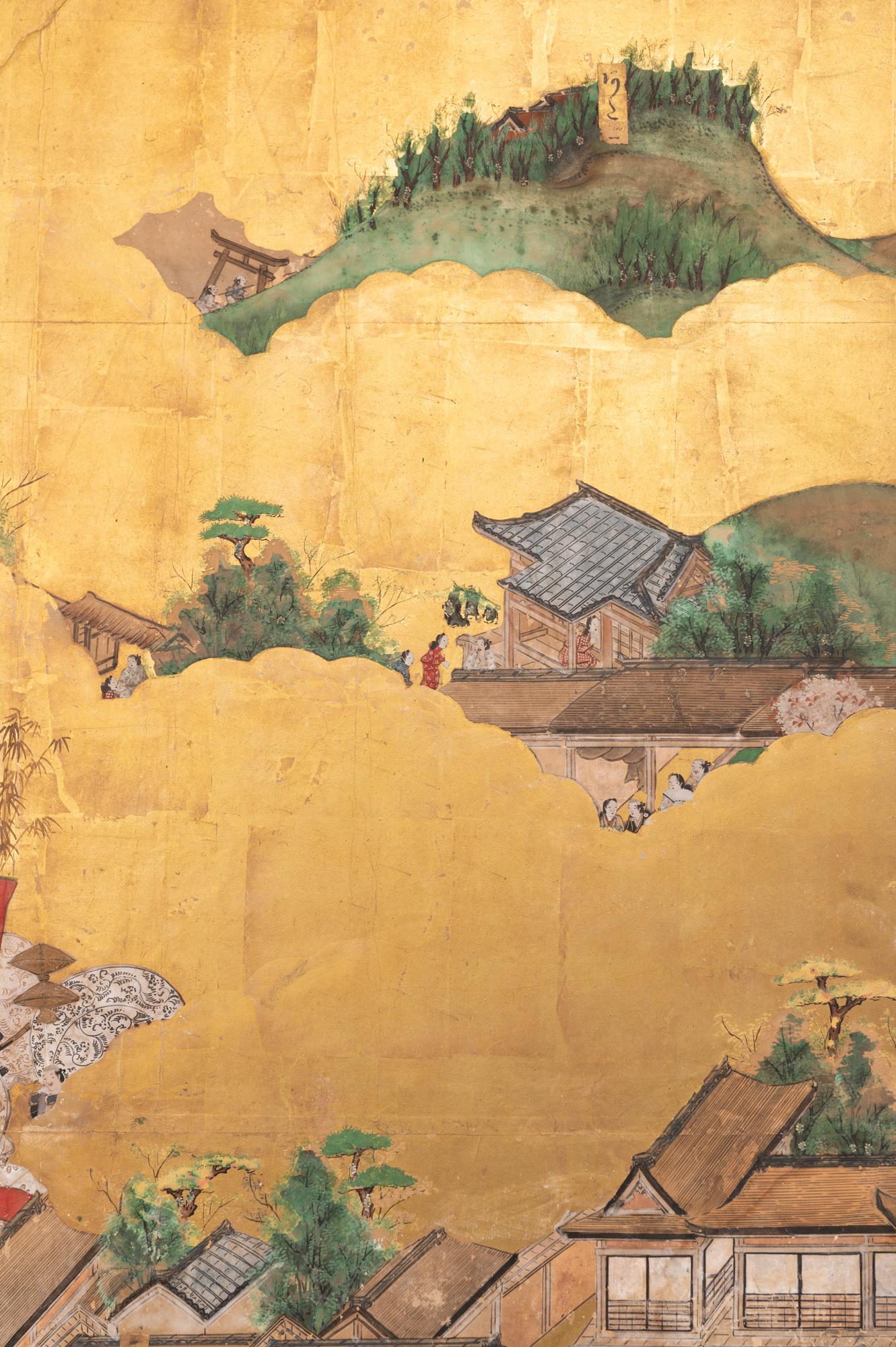 Paravent japonais à six panneaux : Scènes de Kyoto et d'entourage, 'Rakuchu Rakugai-Zu' en vente 1