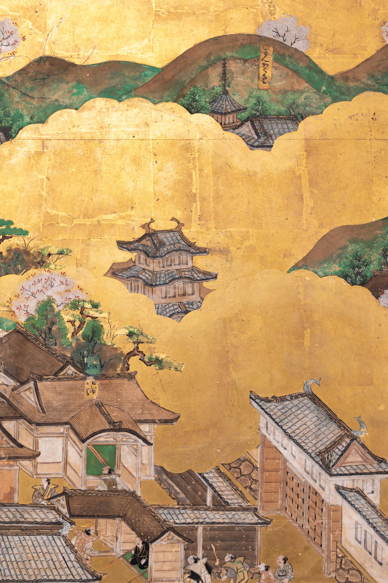 Paravent japonais à six panneaux : Scènes de Kyoto et d'entourage, 'Rakuchu Rakugai-Zu' en vente 3