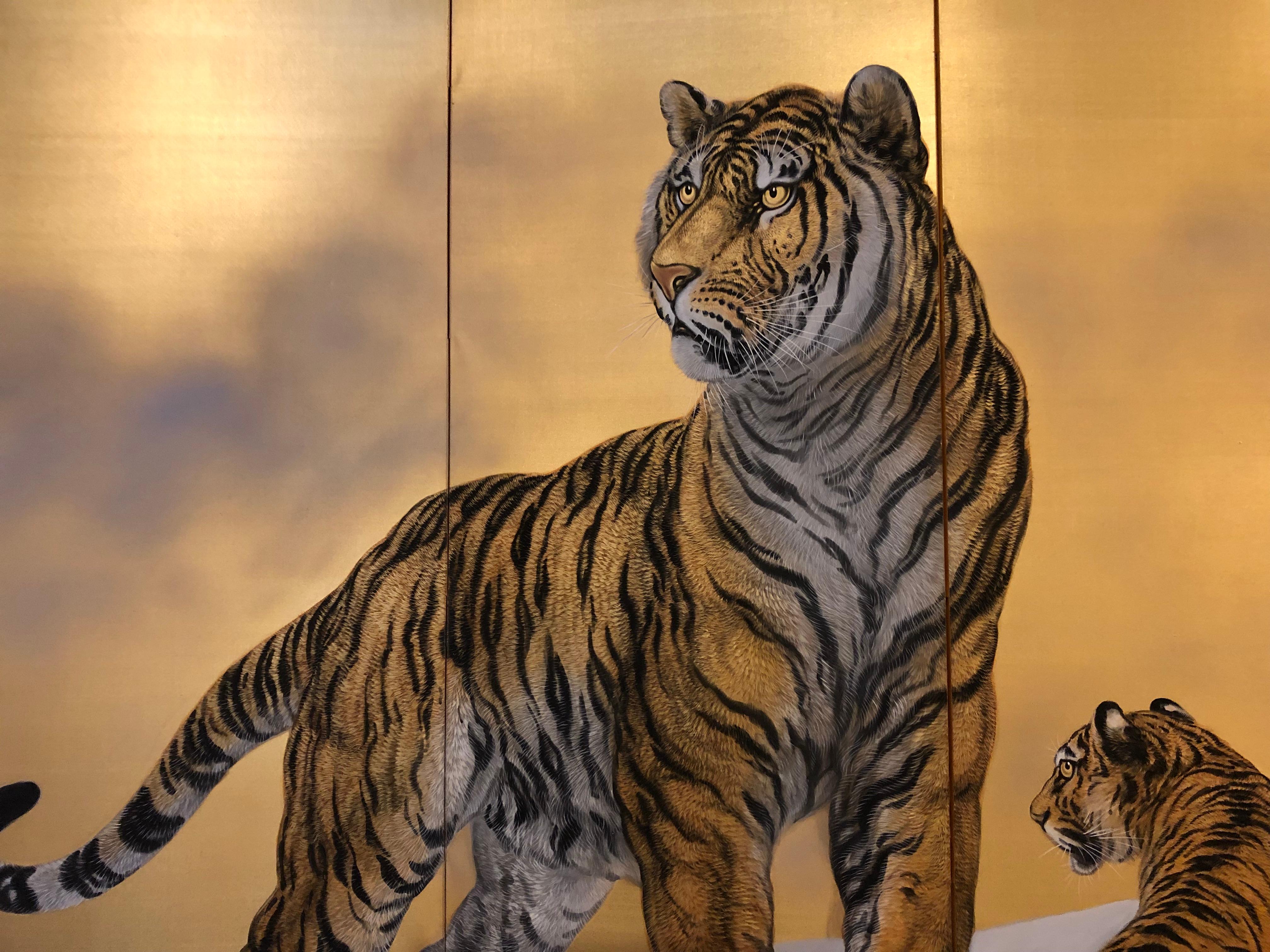 Japanese Six-Panel Screen Siberian Tigers In Good Condition In Hudson, NY