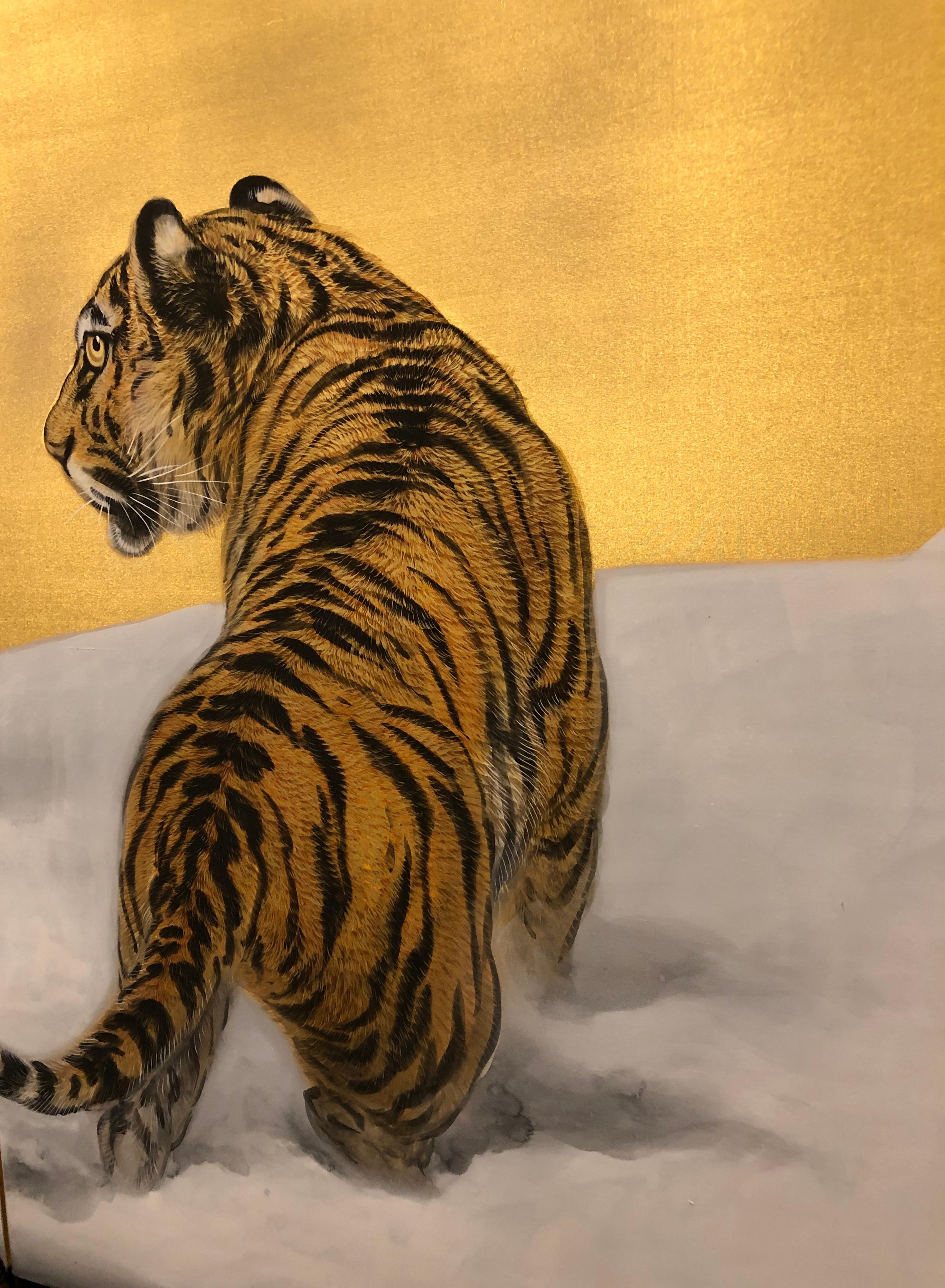 Gold Japanese Six-Panel Screen Siberian Tigers