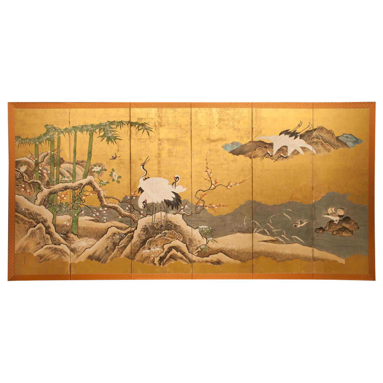 Japanese Six Panel Screen, Snow Scene at Water’s Edge For Sale