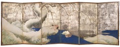 Japanese Six Panel Screen, Snowy Landscape with Wood Ducks and Willow on Silver