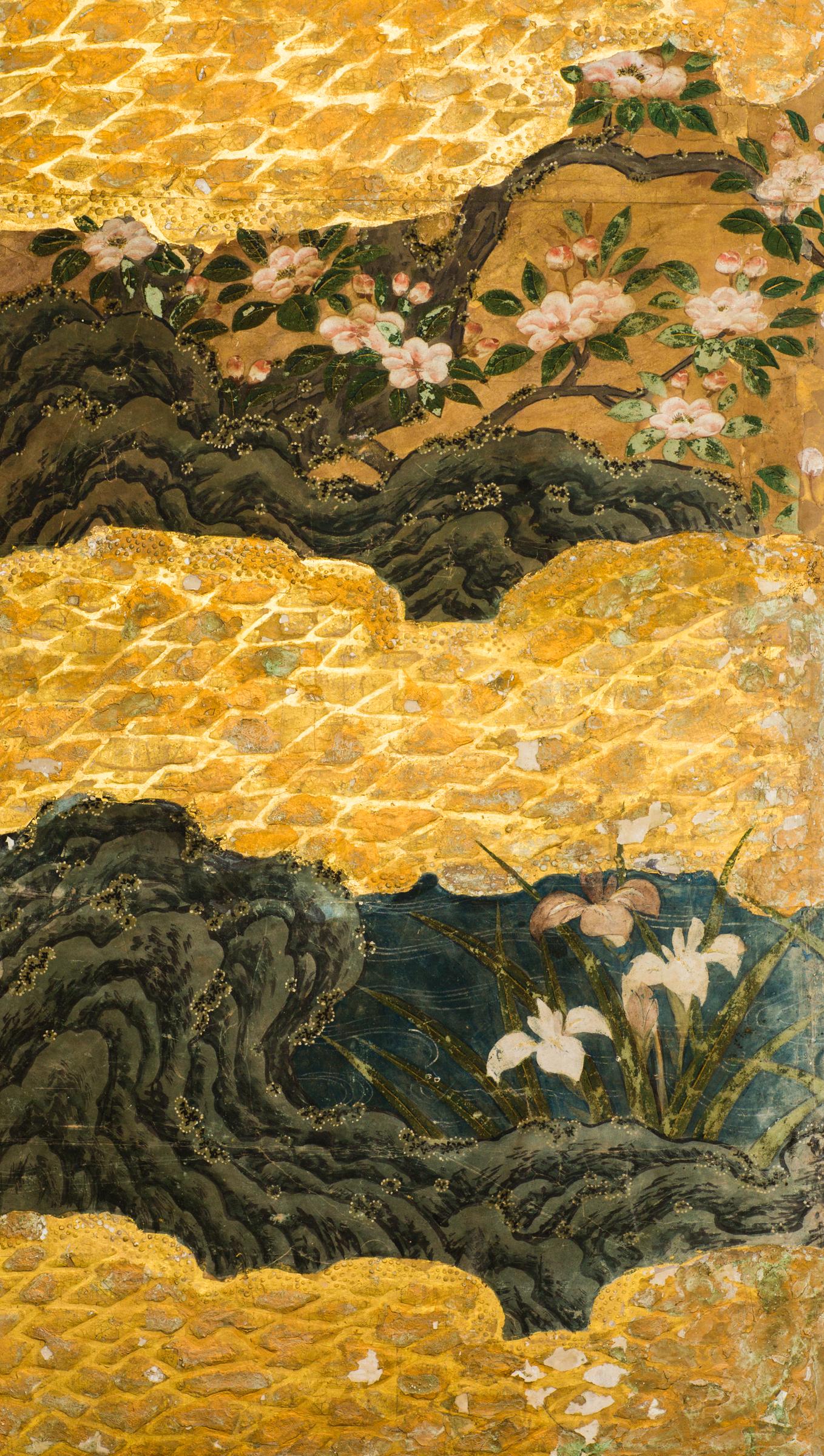 Mid-Edo period, 18th century painting with gold leaf and mineral pigments. A summer landscape depicting summer flowers and exotic birds, accented with an abstract cloud design. Mineral pigments, gofun, gold leaf on mulberry paper with a silk brocade