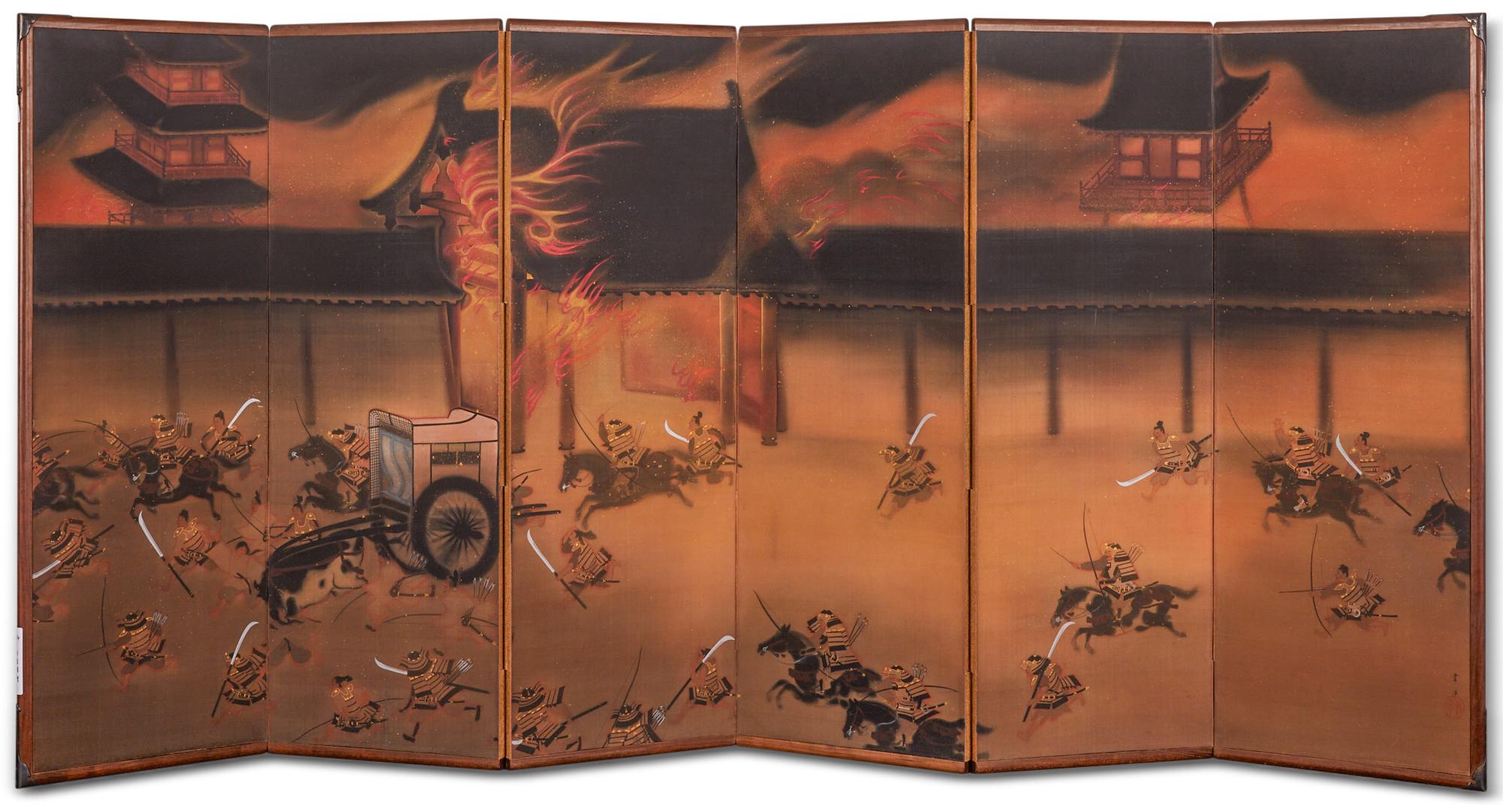 Japanese Six Panel Screen: the Burning of Nanto Temple For Sale 4