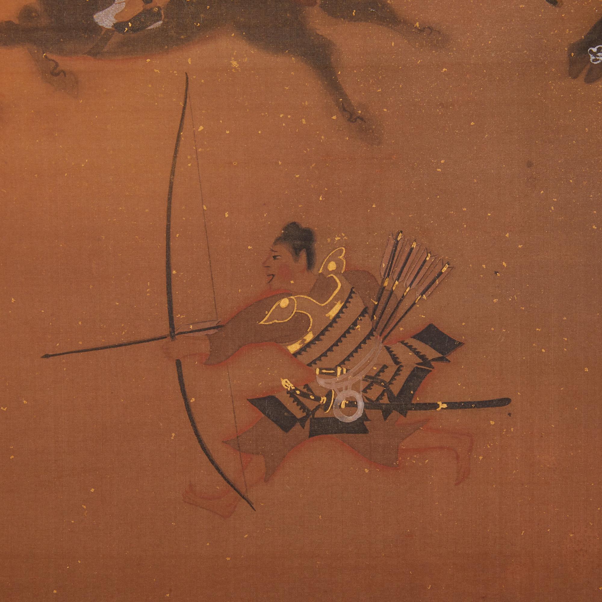 A scene from the 12th century Heike wars. Ruler Taira Shigehira ordered an attack on those who opposed his rule. During the battle, Nanto Temple, in Nara, was burned to the ground. This dramatic scene is beautifully painted with mineral pigment and