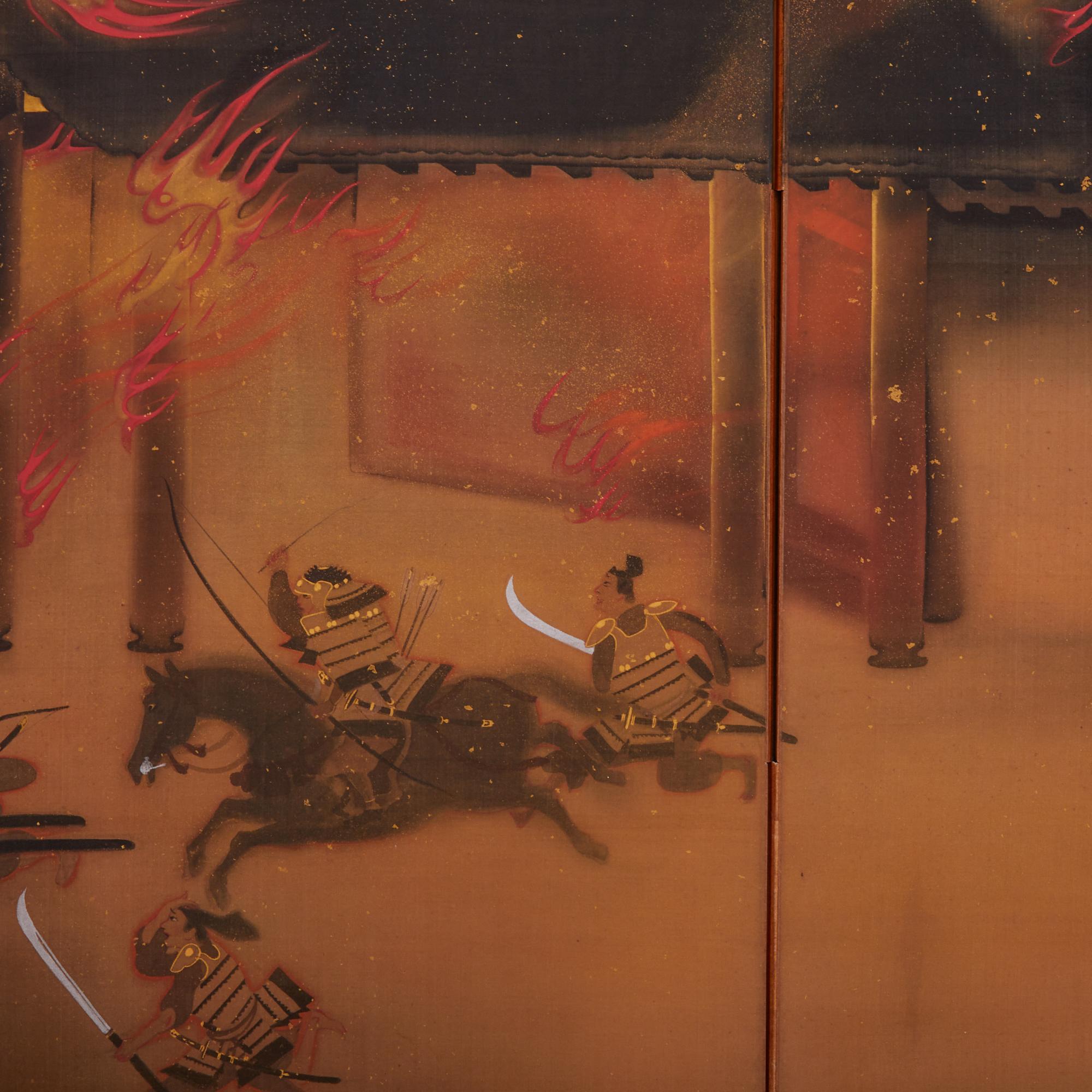 Japanese Six Panel Screen: the Burning of Nanto Temple In Good Condition For Sale In Hudson, NY