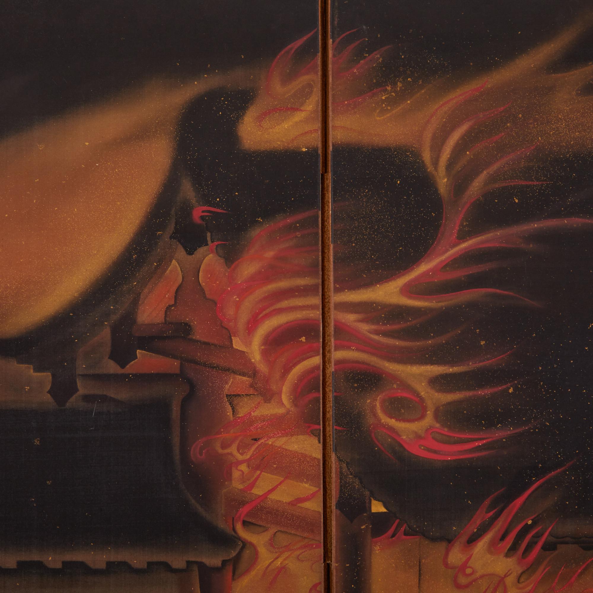 19th Century Japanese Six Panel Screen: the Burning of Nanto Temple For Sale