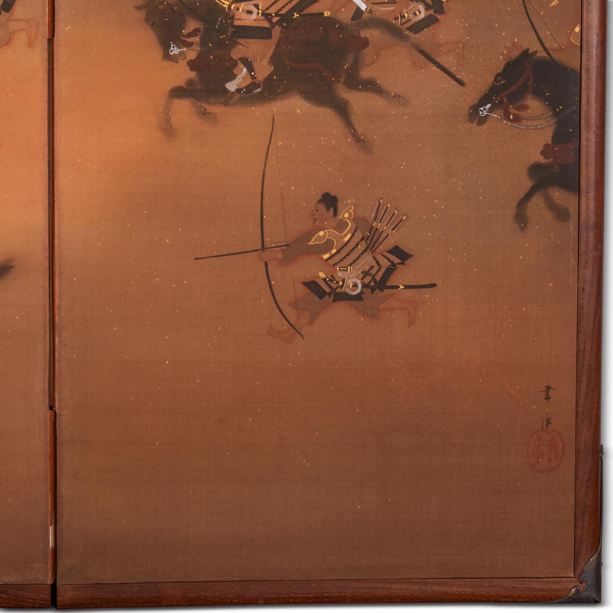 Gold Japanese Six Panel Screen: the Burning of Nanto Temple For Sale