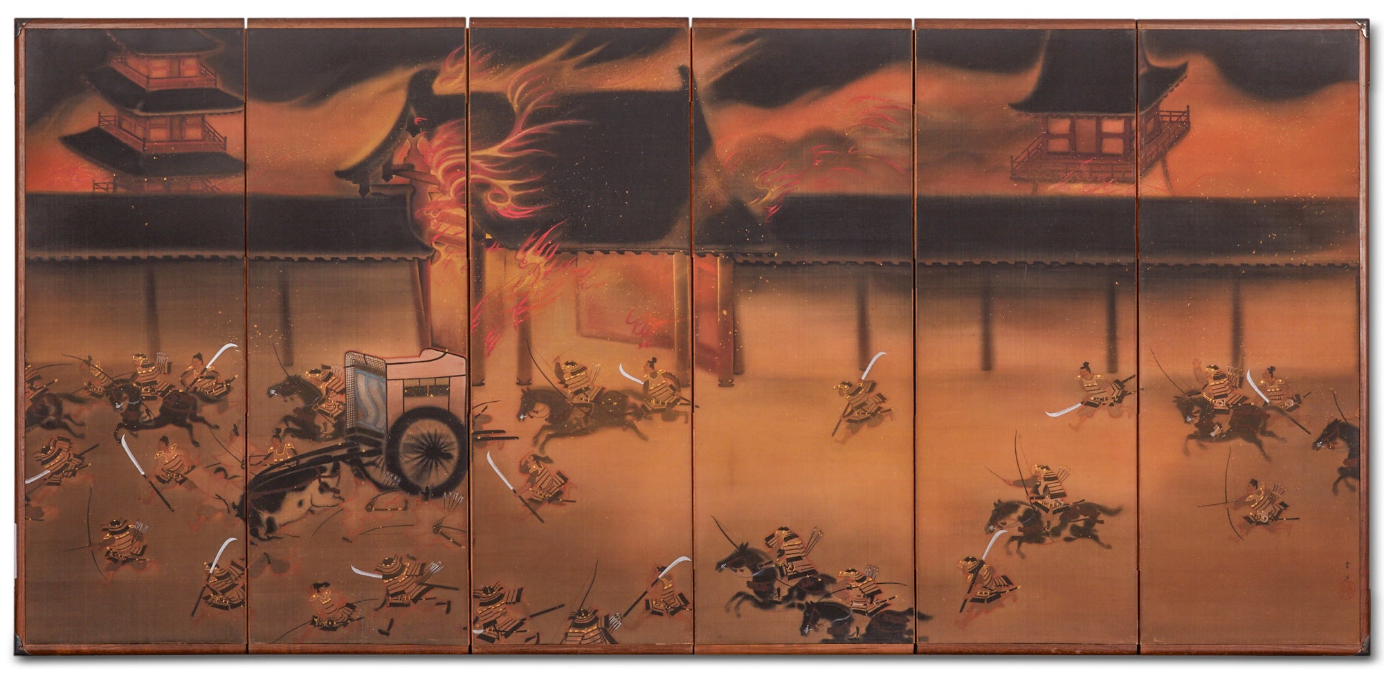 Japanese Six Panel Screen: the Burning of Nanto Temple For Sale