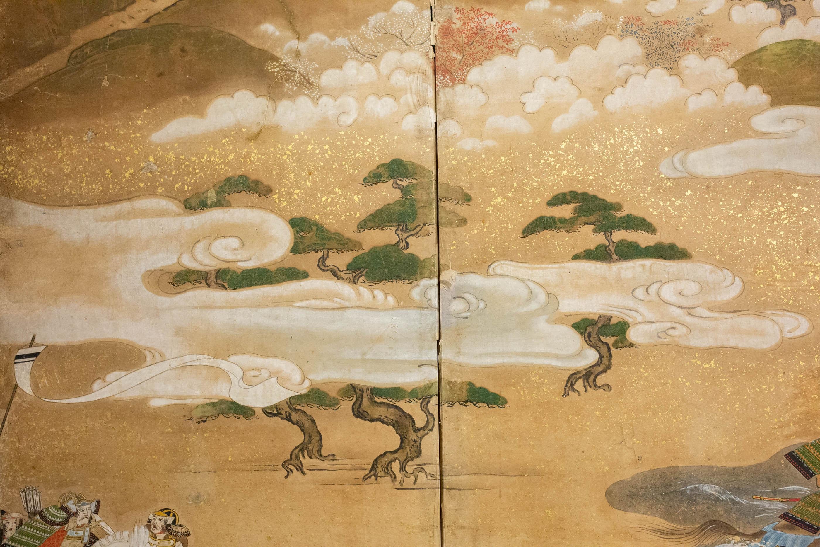 17th century painting depicting the Genji (white flags), driving the Heike (red flags) from Yashima (modern day Takamatsu). This screen features the famous warrior, Minamoto Yoshitsune, reaching for his bow fallen in the water. The warrior in the