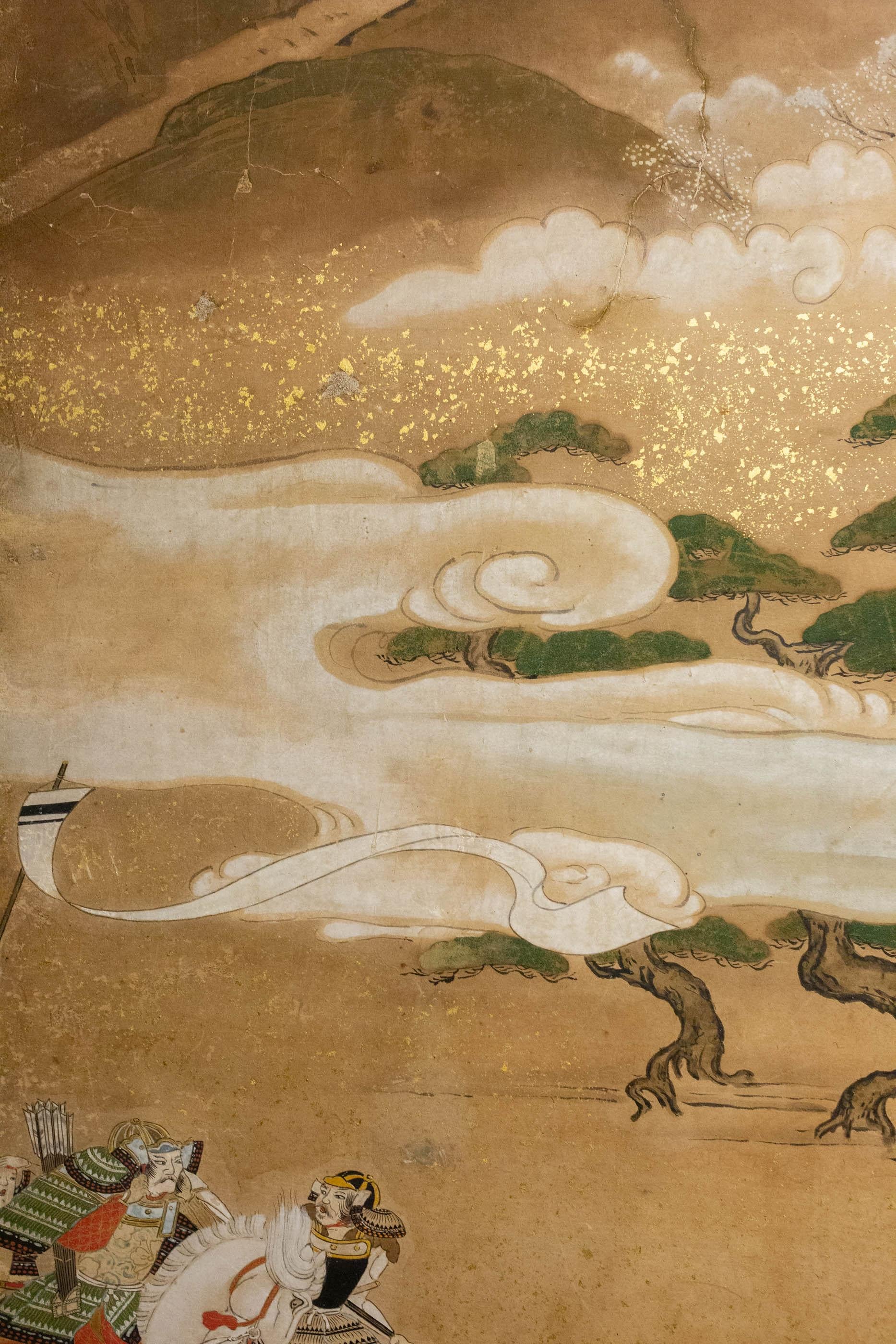 Edo Japanese Six-Panel Screen Tosa School Painting of the Battle of Yashima