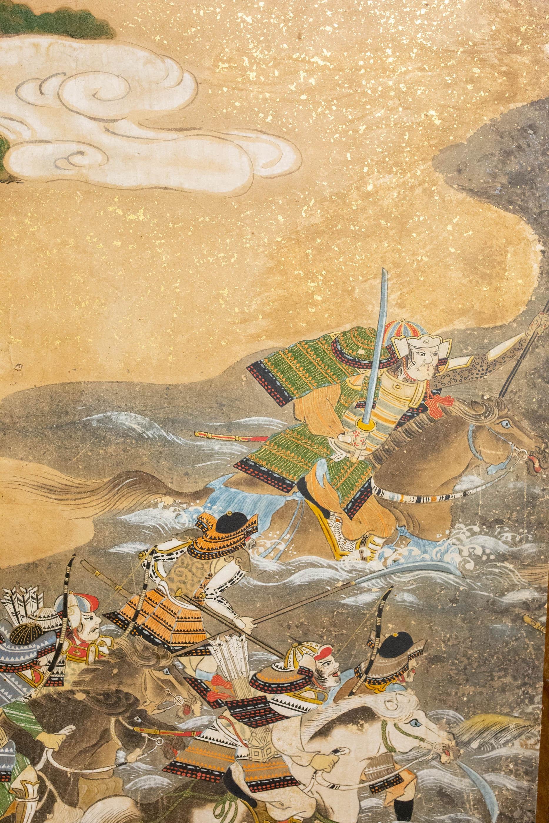 18th Century and Earlier Japanese Six-Panel Screen Tosa School Painting of the Battle of Yashima