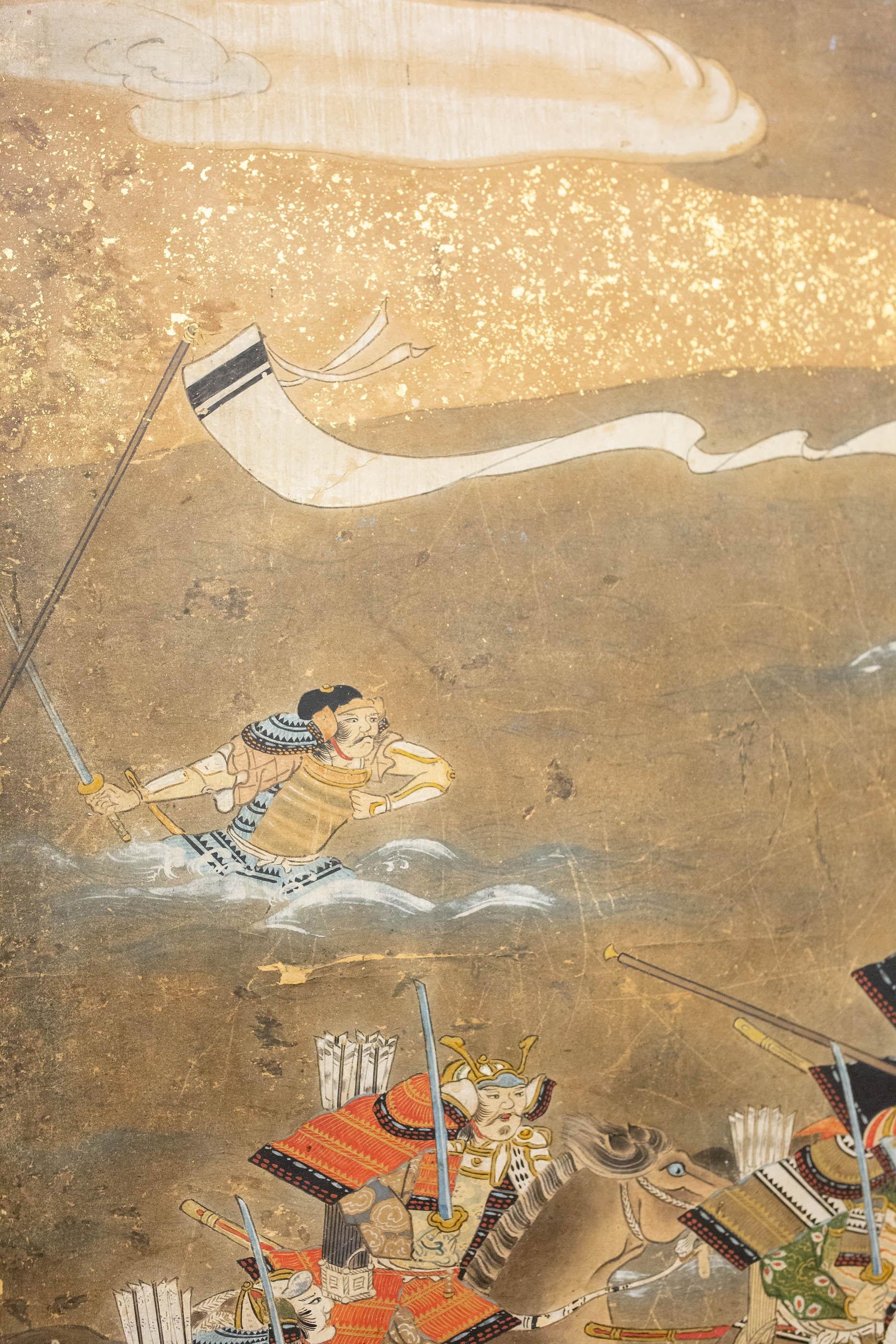 Gold Leaf Japanese Six-Panel Screen Tosa School Painting of the Battle of Yashima