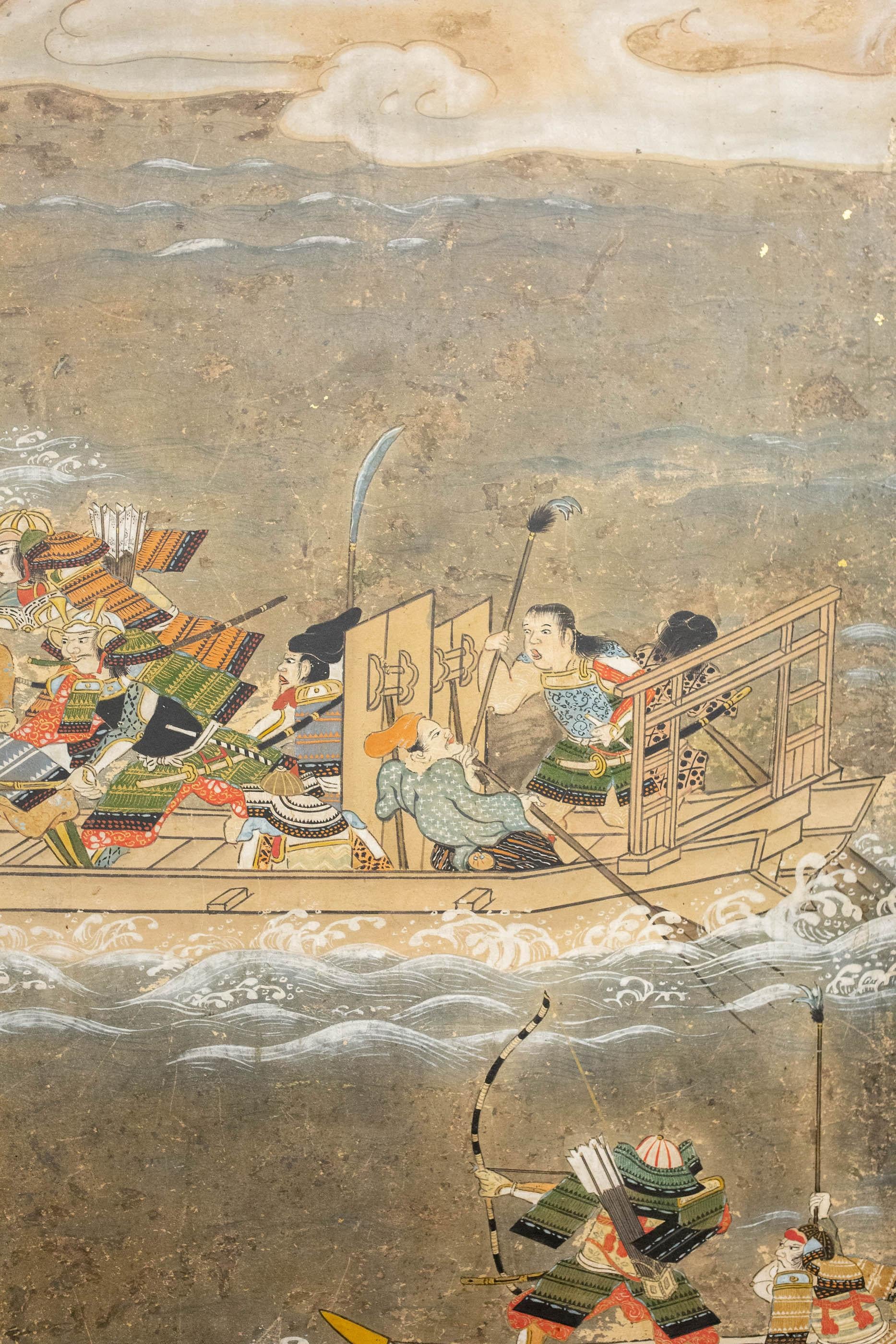 Japanese Six-Panel Screen Tosa School Painting of the Battle of Yashima 3