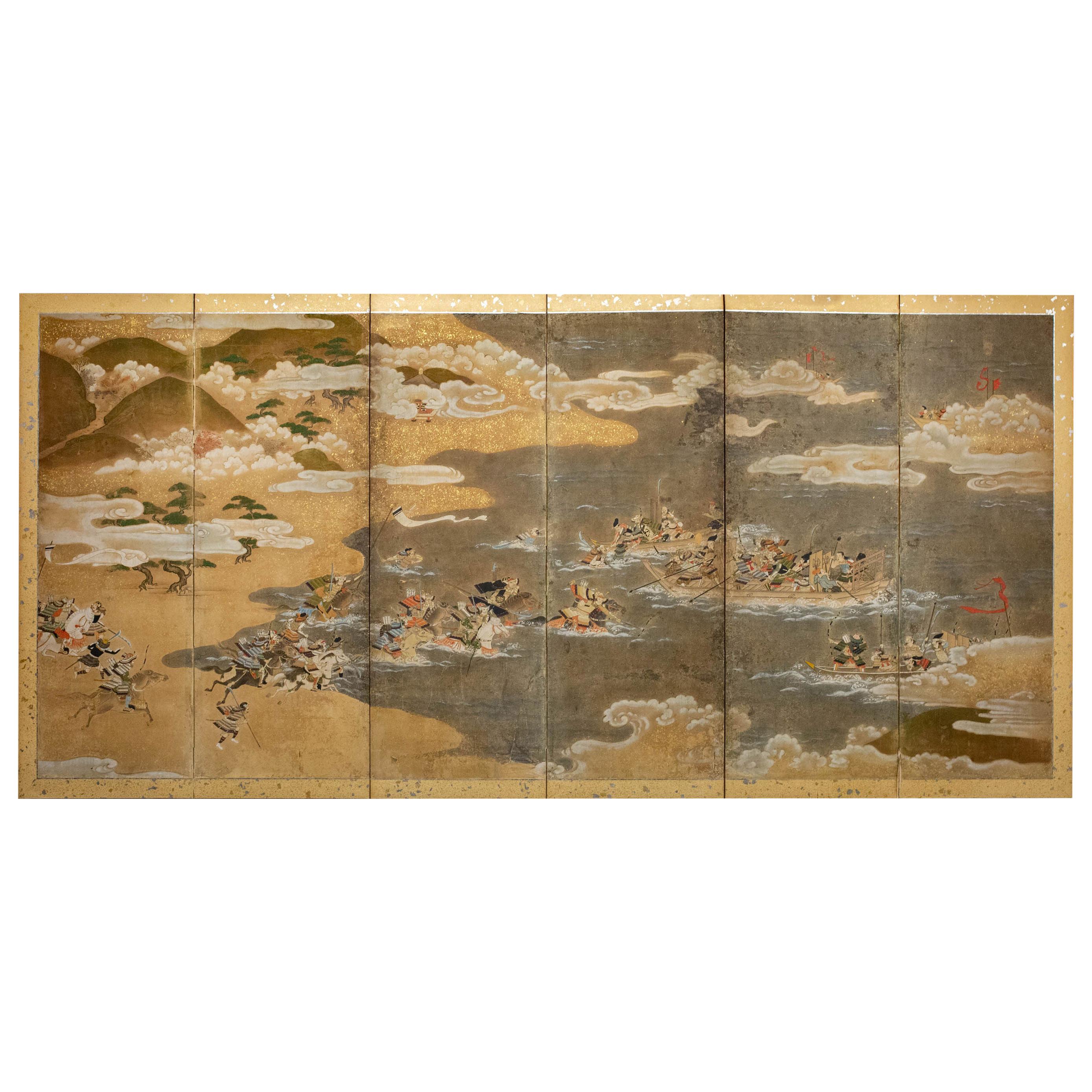 Japanese Six-Panel Screen Tosa School Painting of the Battle of Yashima