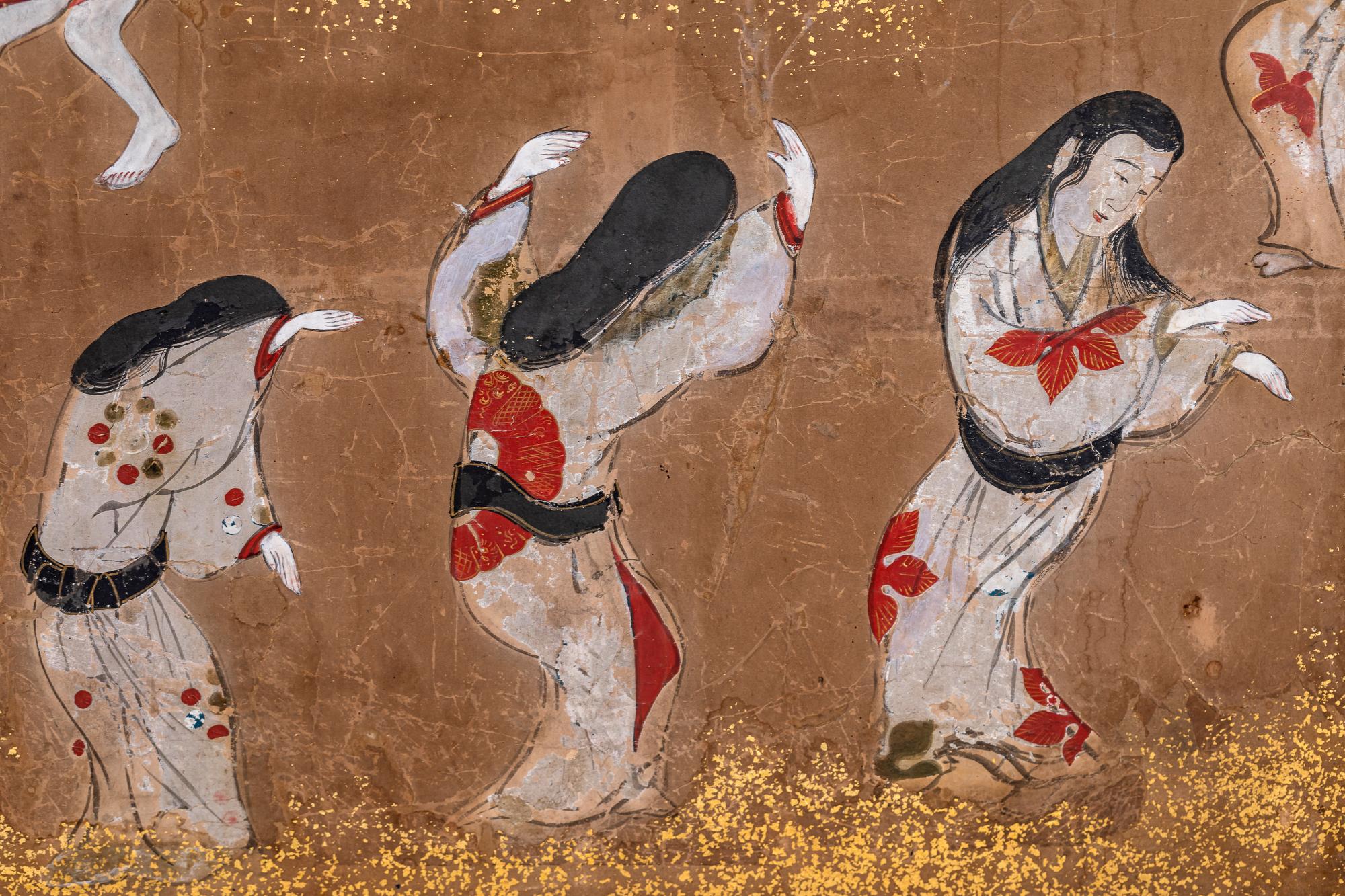 Japanese Six Panel Screen: Tosa School Painting of Theatre Scene For Sale 6