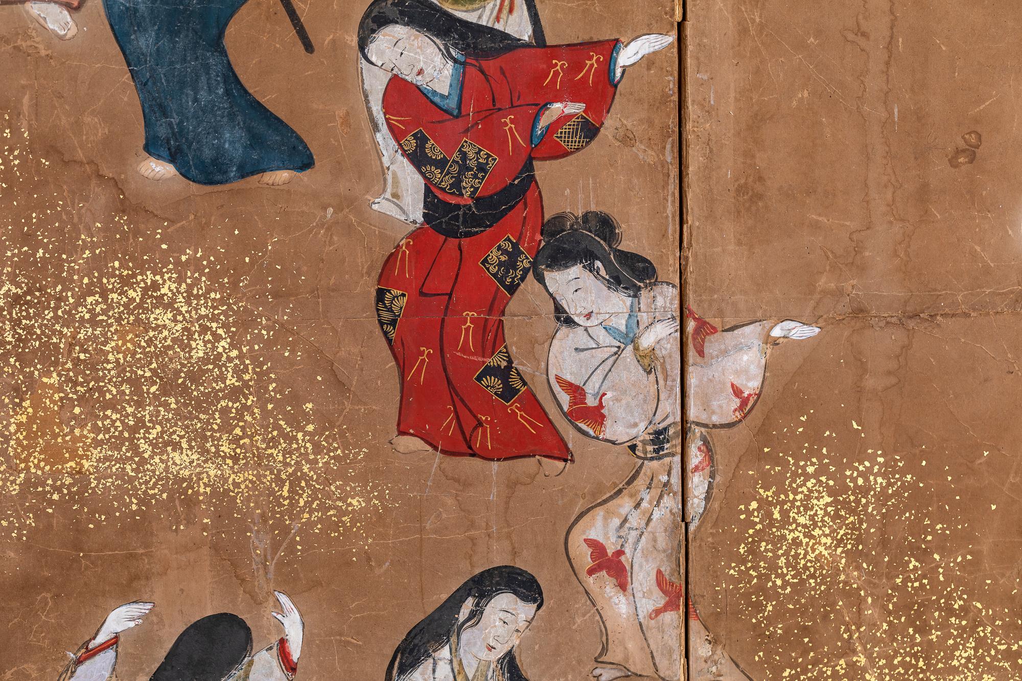 Japanese Six Panel Screen: Tosa School Painting of Theatre Scene For Sale 7