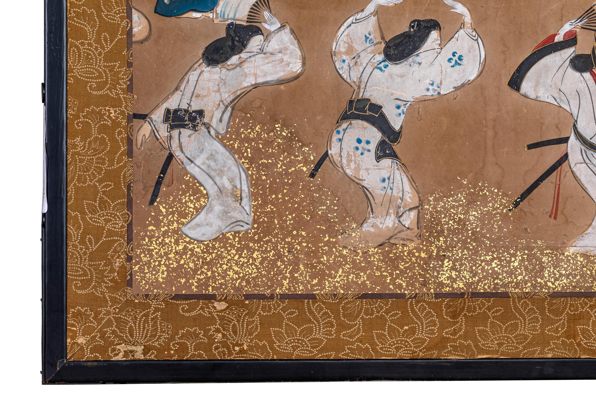 Japanese Six Panel Screen: Tosa School Painting of Theatre Scene For Sale 12