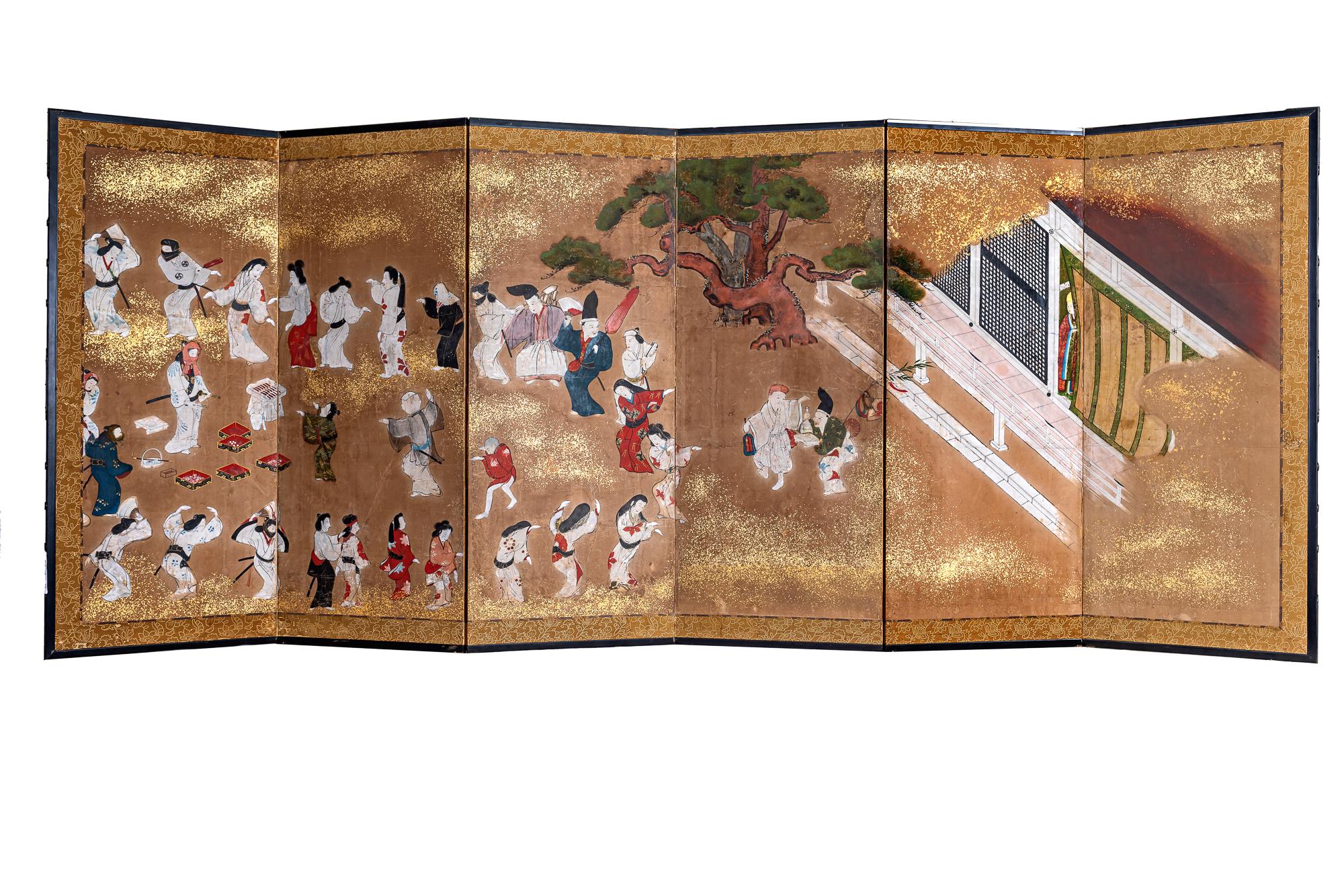 Japanese Six Panel Screen: Tosa School Painting of Theatre Scene For Sale 14
