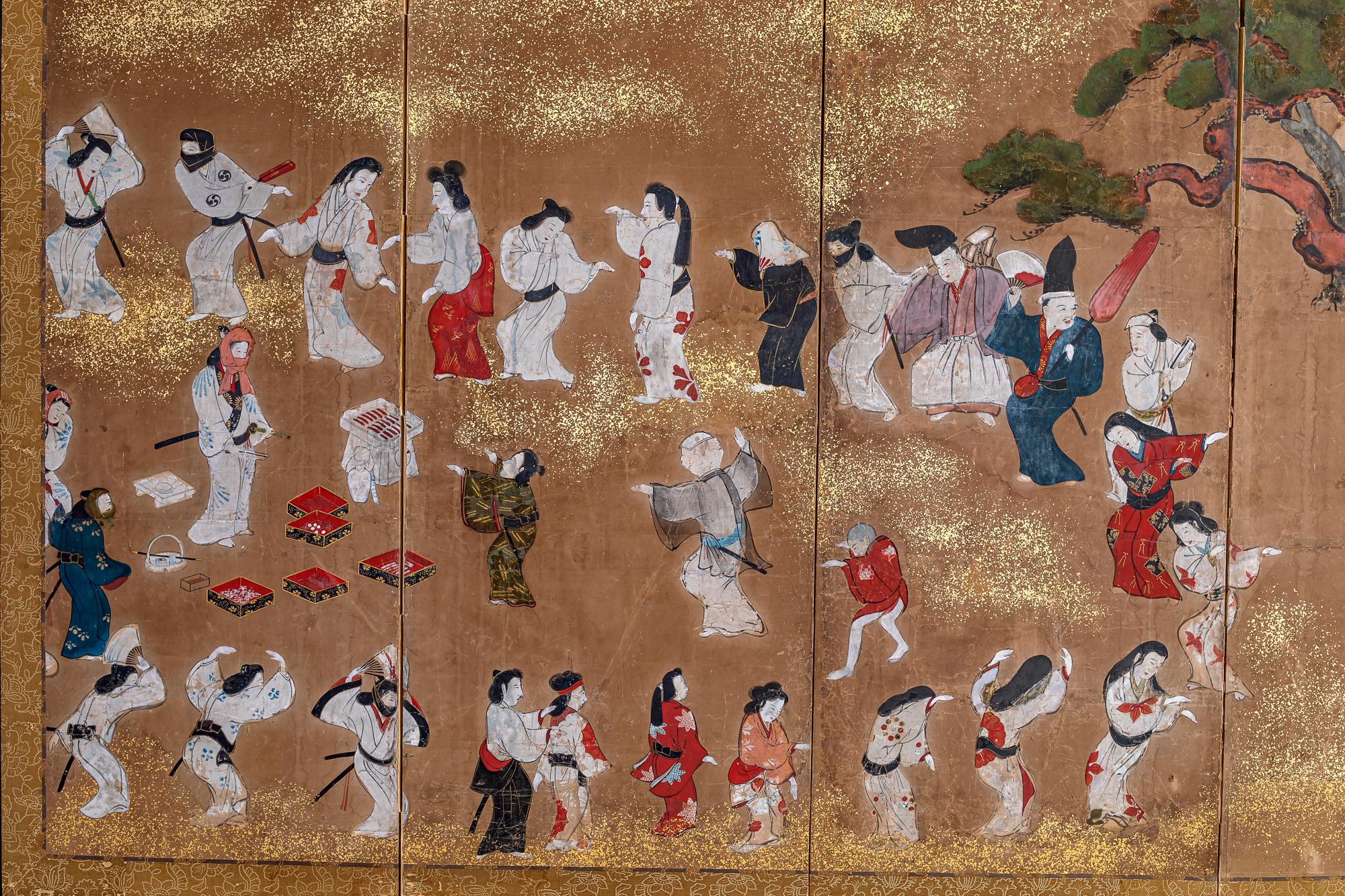 with thought to be Izumo no Okuni (1578-1613). Mineral pigments and gold dust on mulberry paper with silk brocade border.