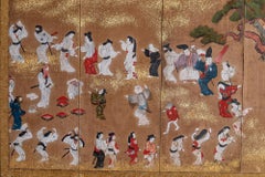Japanese Six Panel Screen: Tosa School Painting of Theatre Scene