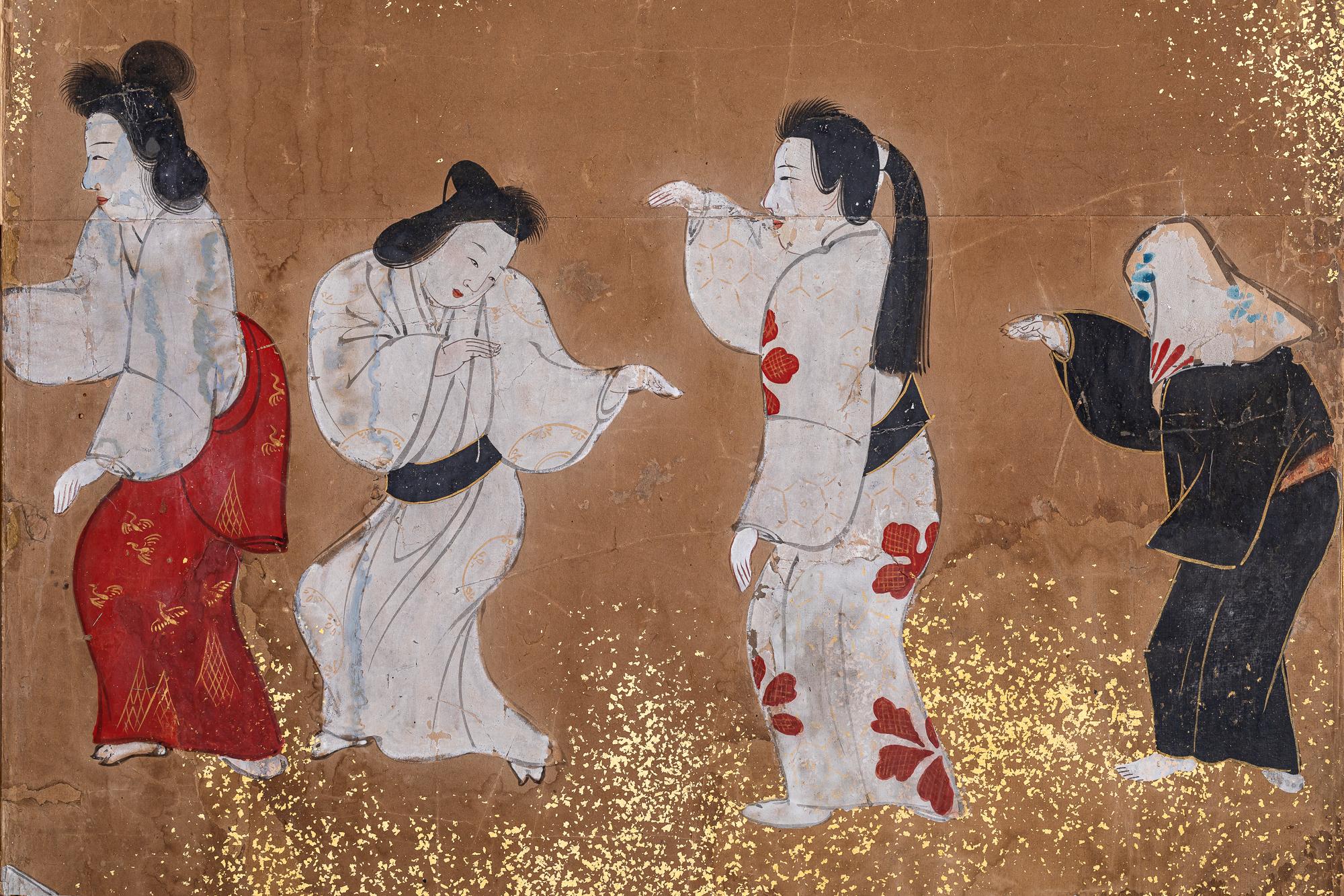 18th Century and Earlier Japanese Six Panel Screen: Tosa School Painting of Theatre Scene For Sale