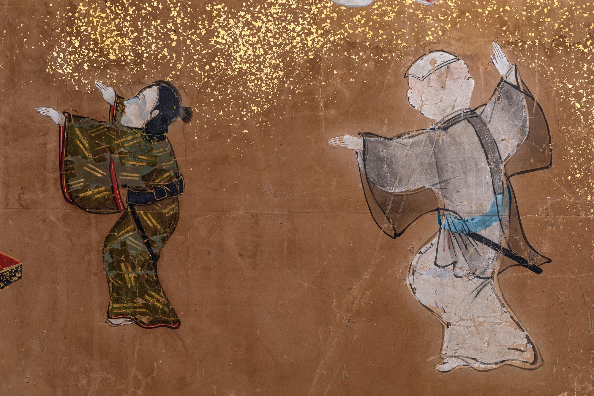 Paper Japanese Six Panel Screen: Tosa School Painting of Theatre Scene For Sale