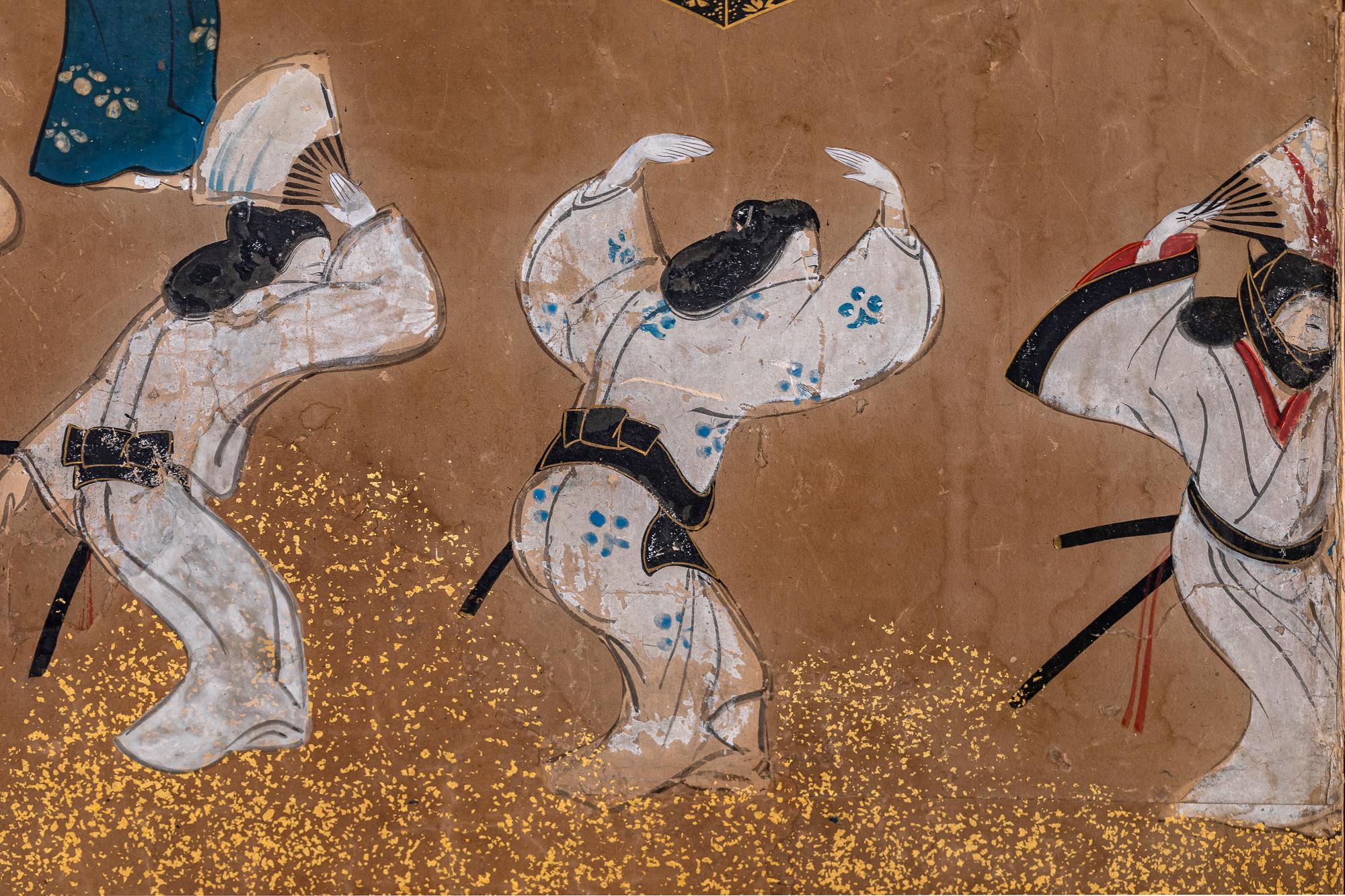 Écran japonais à six panneaux : Peinture de scène de théâtre de l'école Tosa School en vente 2