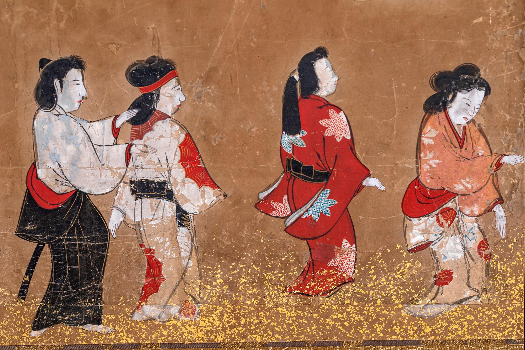 Japanese Six Panel Screen: Tosa School Painting of Theatre Scene For Sale 4