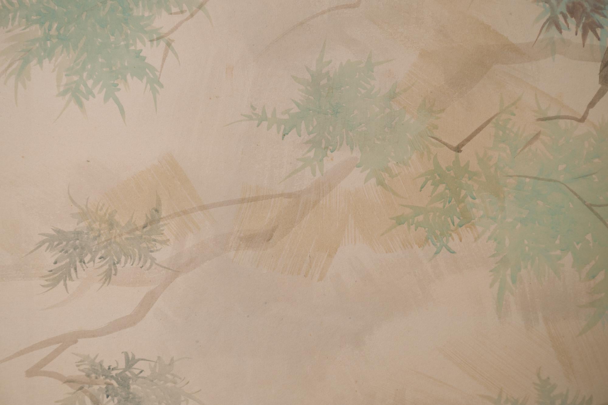 Japanese Six Panel Screen Various Trees in a Garden Landscape For Sale 11
