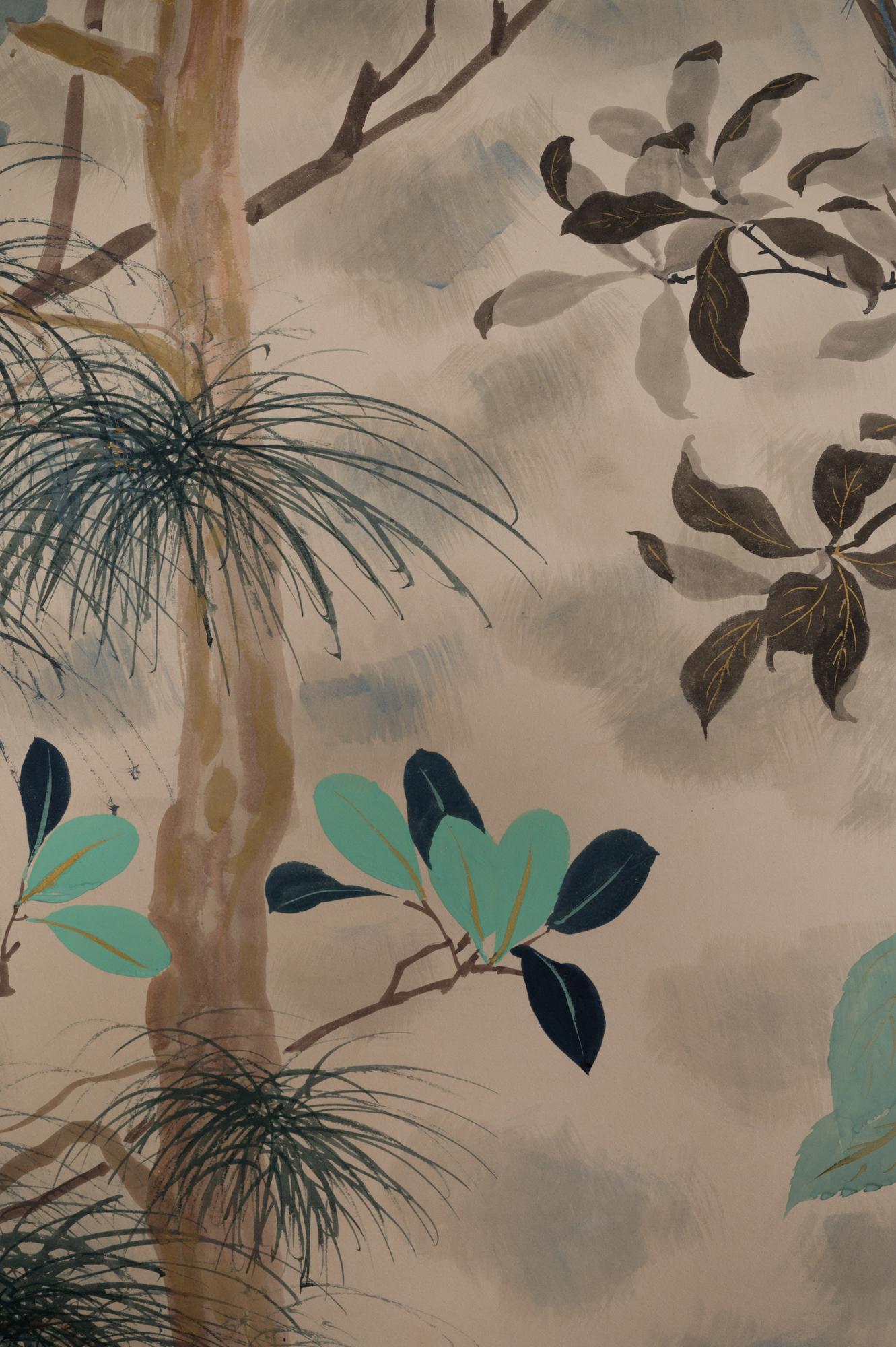 Paper Japanese Six Panel Screen Various Trees in a Garden Landscape For Sale