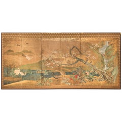 Used Japanese Six-Panel Screen Waterfall and Cherry in Audubon Landscape